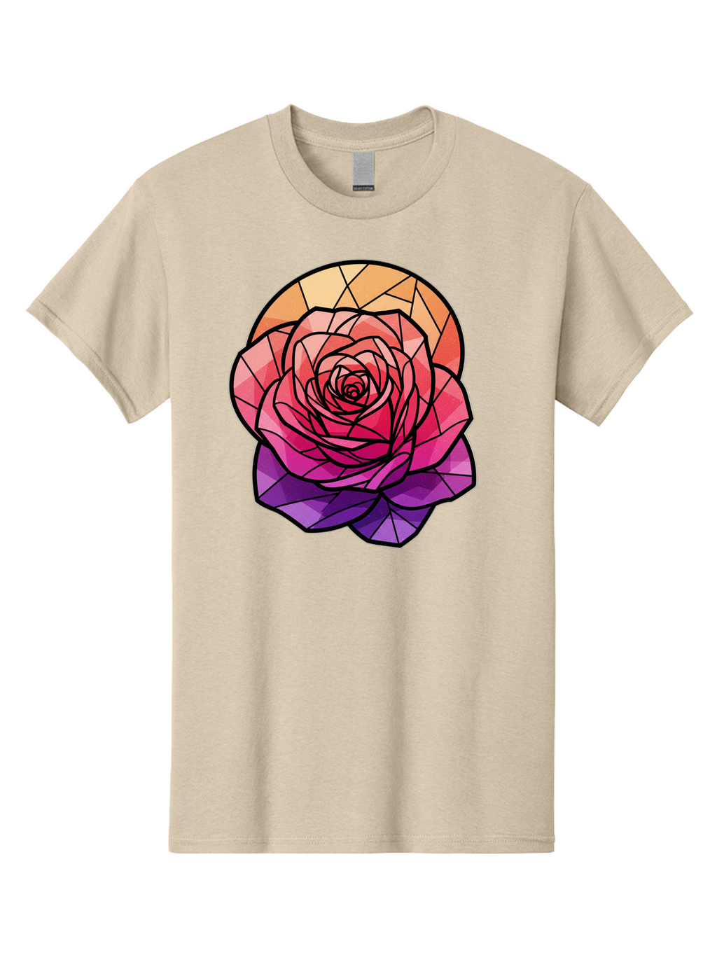 Stained-Glass-Rose Men'S Graphic Tee, 100% Cotton, Comfortable Casual Summer Wear, Machine Washable, Stained Glass Rose, Mosaic Art, Colorful Flowers, Floral Designs, Pink And Purple Hues, Vibrant Petals, Black Outlines, Geometric Patterns, Bac449