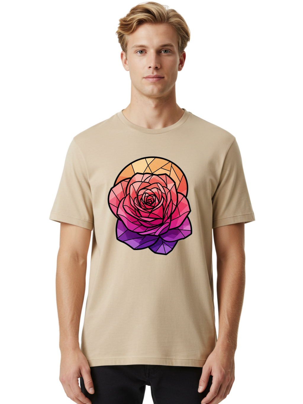 Stained-Glass-Rose Men'S Graphic Tee, 100% Cotton, Comfortable Casual Summer Wear, Machine Washable, Stained Glass Rose, Mosaic Art, Colorful Flowers, Floral Designs, Pink And Purple Hues, Vibrant Petals, Black Outlines, Geometric Patterns, Bac449