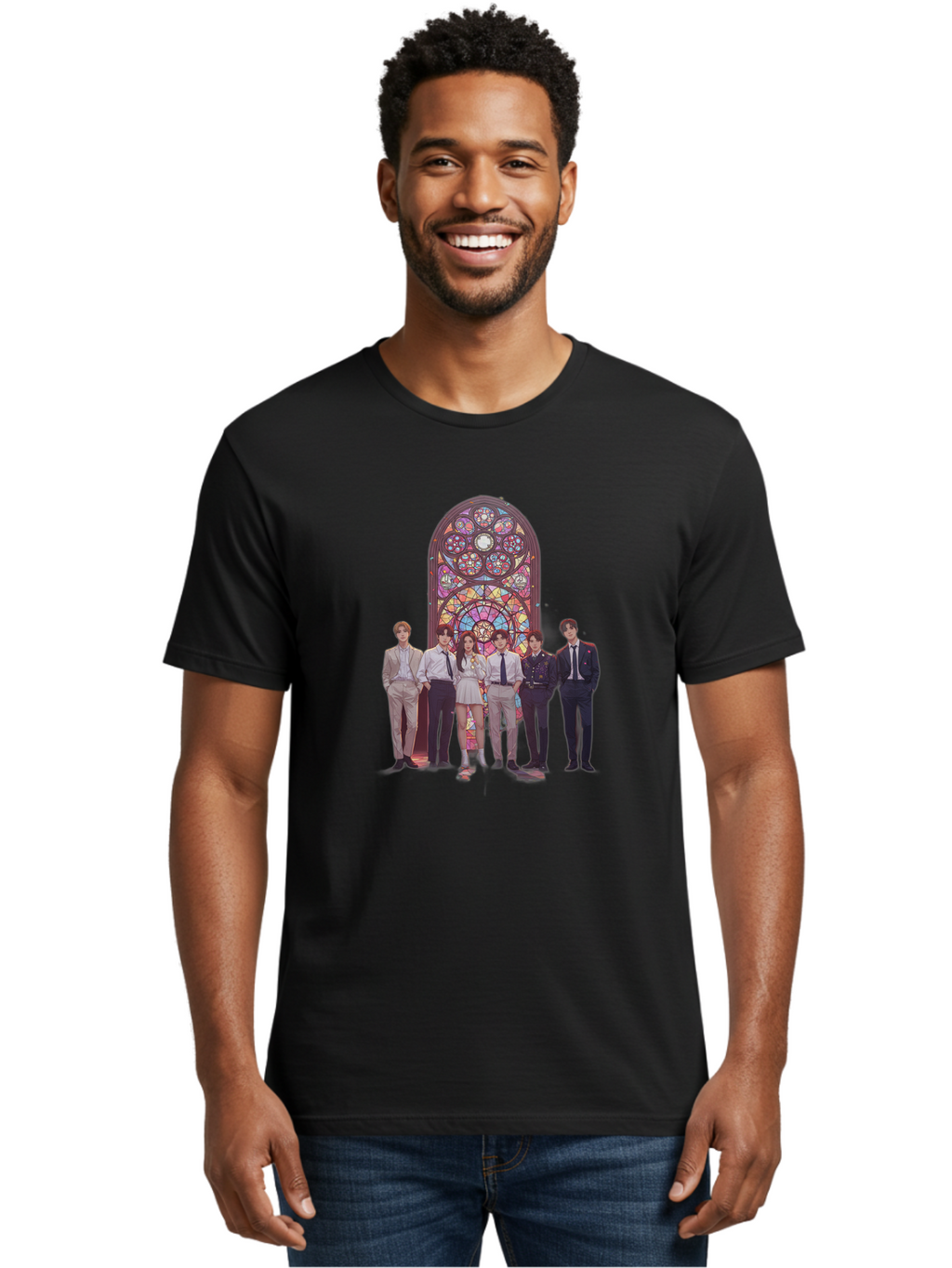 Stained-Glass-Window Men'S Graphic Tee, 100% Cotton, Comfortable Casual Summer Wear, Machine Washable, K-Pop Group, Stained Glass Window, Formal Attire, Black Ties, White Shirts, Vibrant Colors, Stained Glass Art, K-Pop Fashion, Bac450