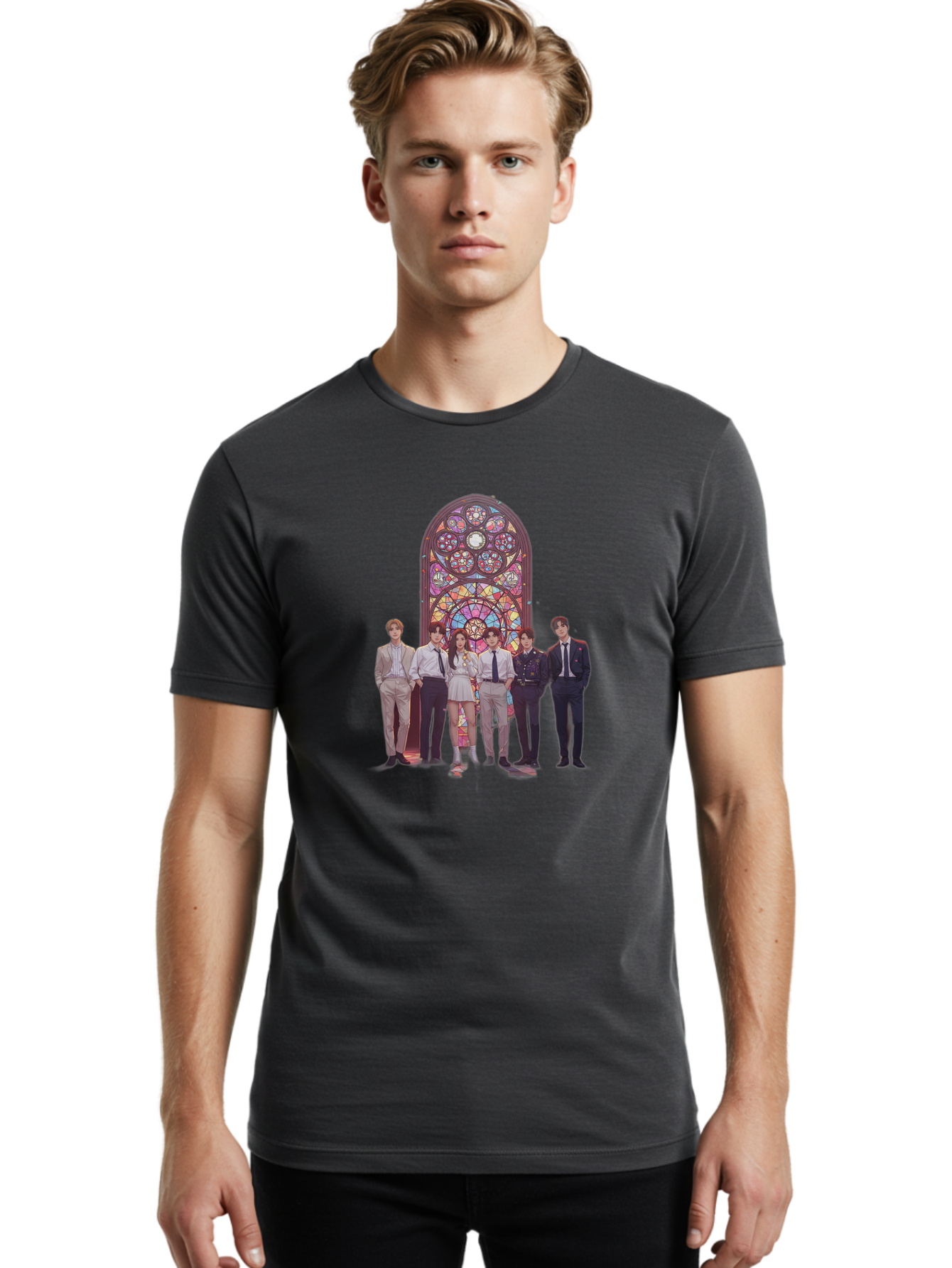 Stained-Glass-Window Men'S Graphic Tee, 100% Cotton, Comfortable Casual Summer Wear, Machine Washable, K-Pop Group, Stained Glass Window, Formal Attire, Black Ties, White Shirts, Vibrant Colors, Stained Glass Art, K-Pop Fashion, Bac450
