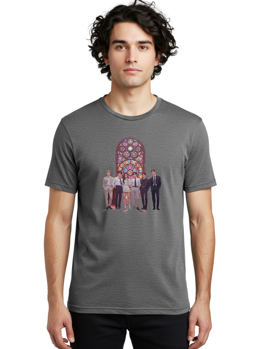 Stained-Glass-Window Men'S Graphic Tee, 100% Cotton, Comfortable Casual Summer Wear, Machine Washable, K-Pop Group, Stained Glass Window, Formal Attire, Black Ties, White Shirts, Vibrant Colors, Stained Glass Art, K-Pop Fashion, Bac450