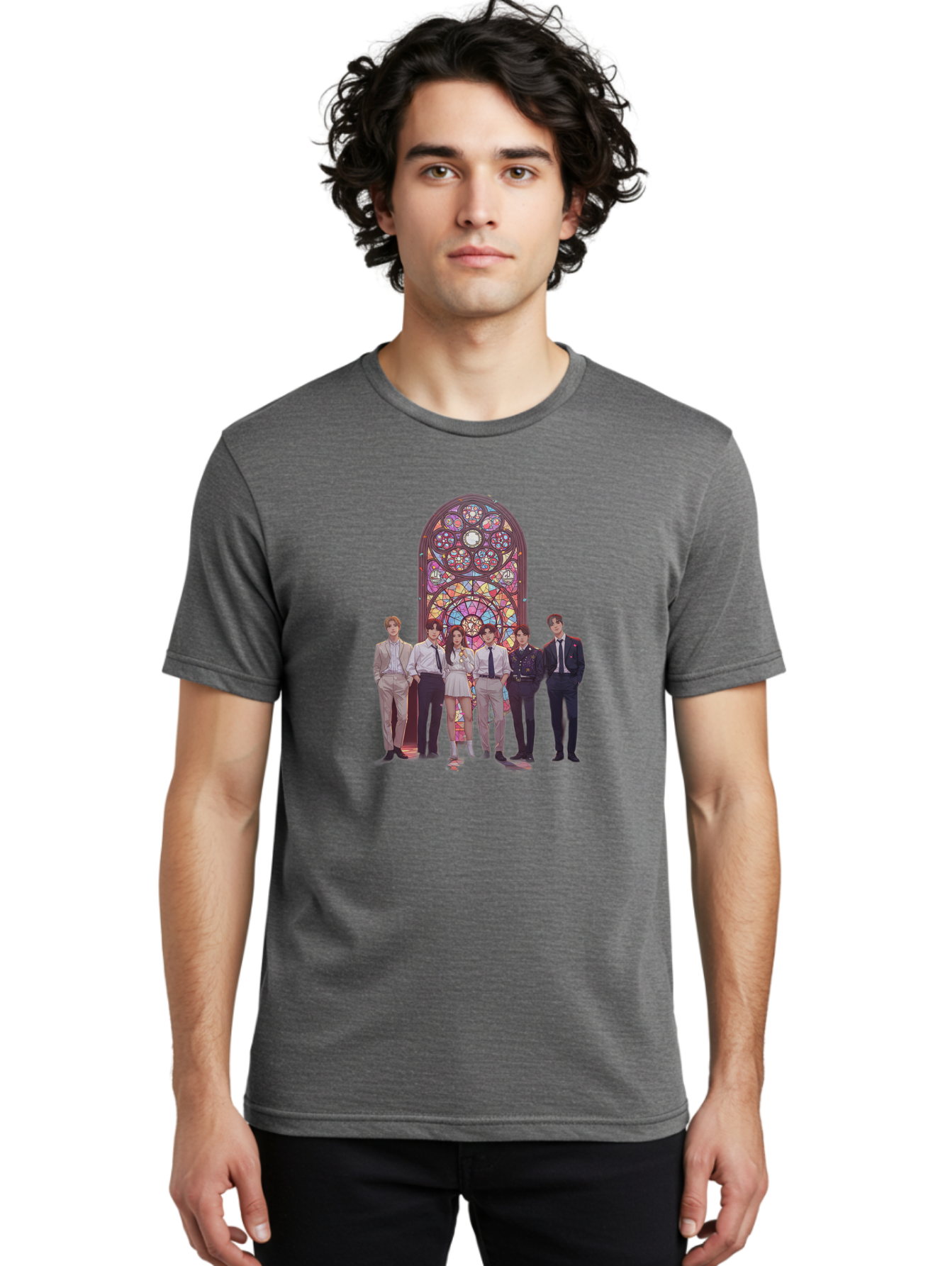 Stained-Glass-Window Men'S Graphic Tee, 100% Cotton, Comfortable Casual Summer Wear, Machine Washable, K-Pop Group, Stained Glass Window, Formal Attire, Black Ties, White Shirts, Vibrant Colors, Stained Glass Art, K-Pop Fashion, Bac450