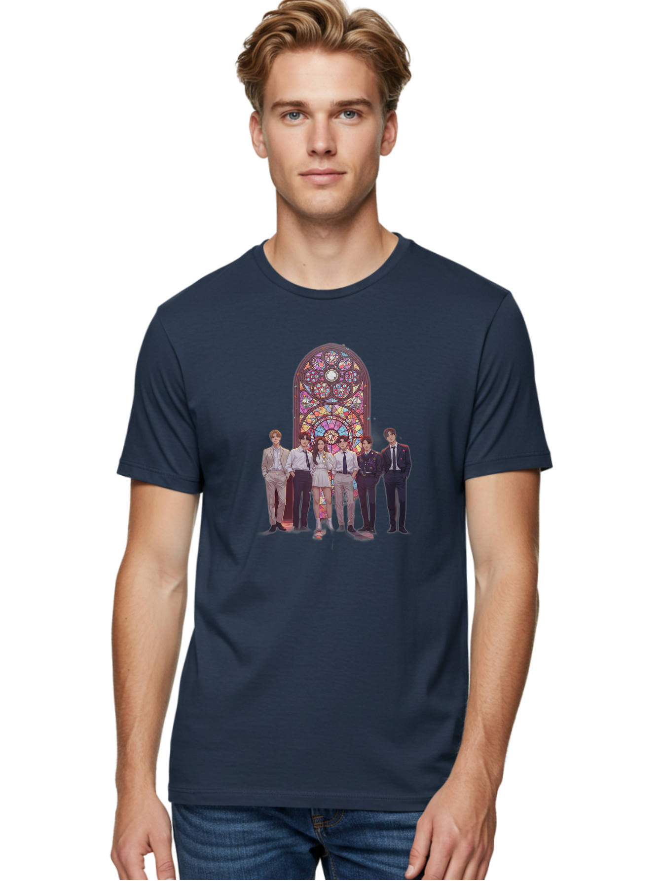 Stained-Glass-Window Men'S Graphic Tee, 100% Cotton, Comfortable Casual Summer Wear, Machine Washable, K-Pop Group, Stained Glass Window, Formal Attire, Black Ties, White Shirts, Vibrant Colors, Stained Glass Art, K-Pop Fashion, Bac450