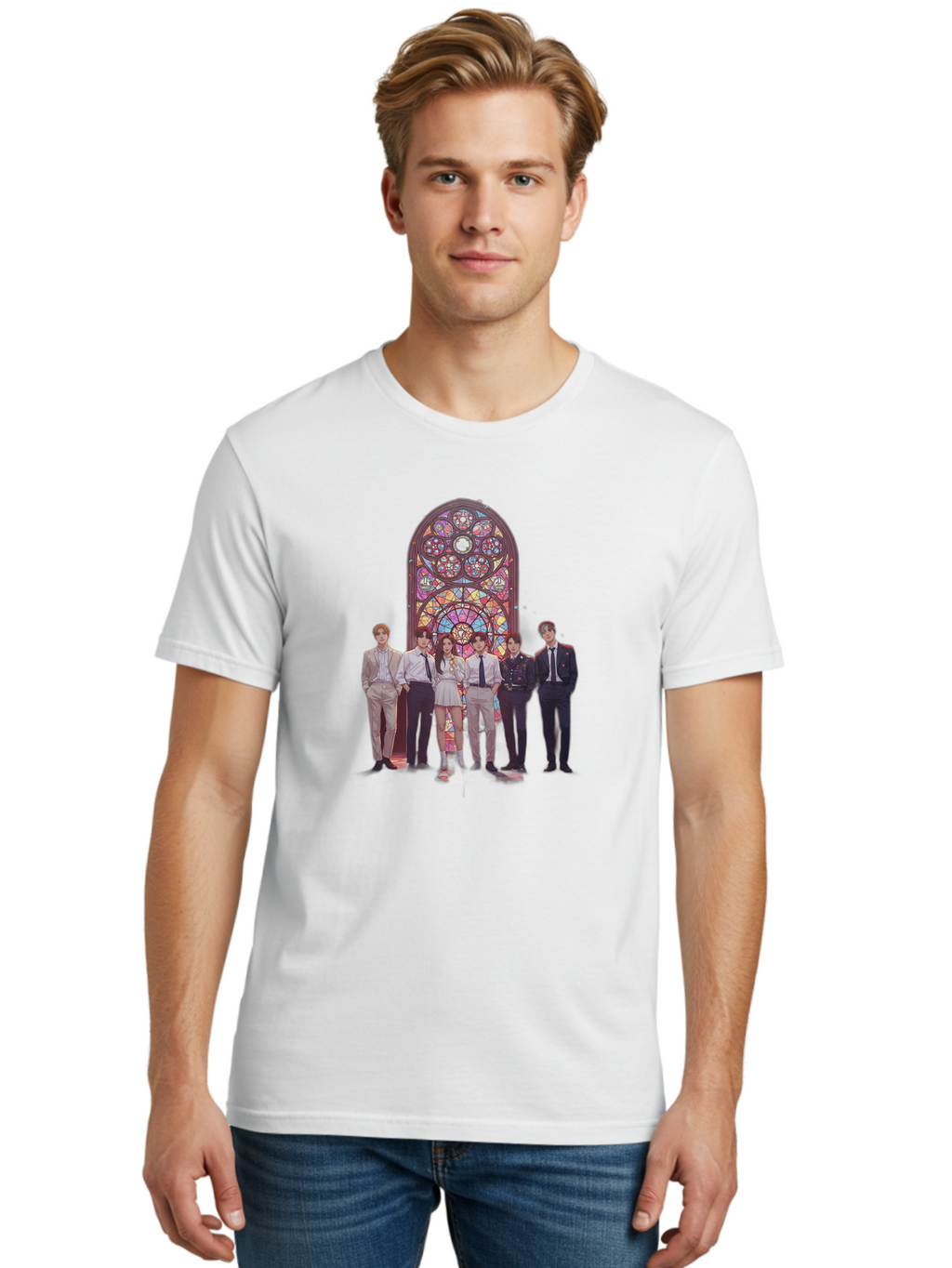 Stained-Glass-Window Men'S Graphic Tee, 100% Cotton, Comfortable Casual Summer Wear, Machine Washable, K-Pop Group, Stained Glass Window, Formal Attire, Black Ties, White Shirts, Vibrant Colors, Stained Glass Art, K-Pop Fashion, Bac450