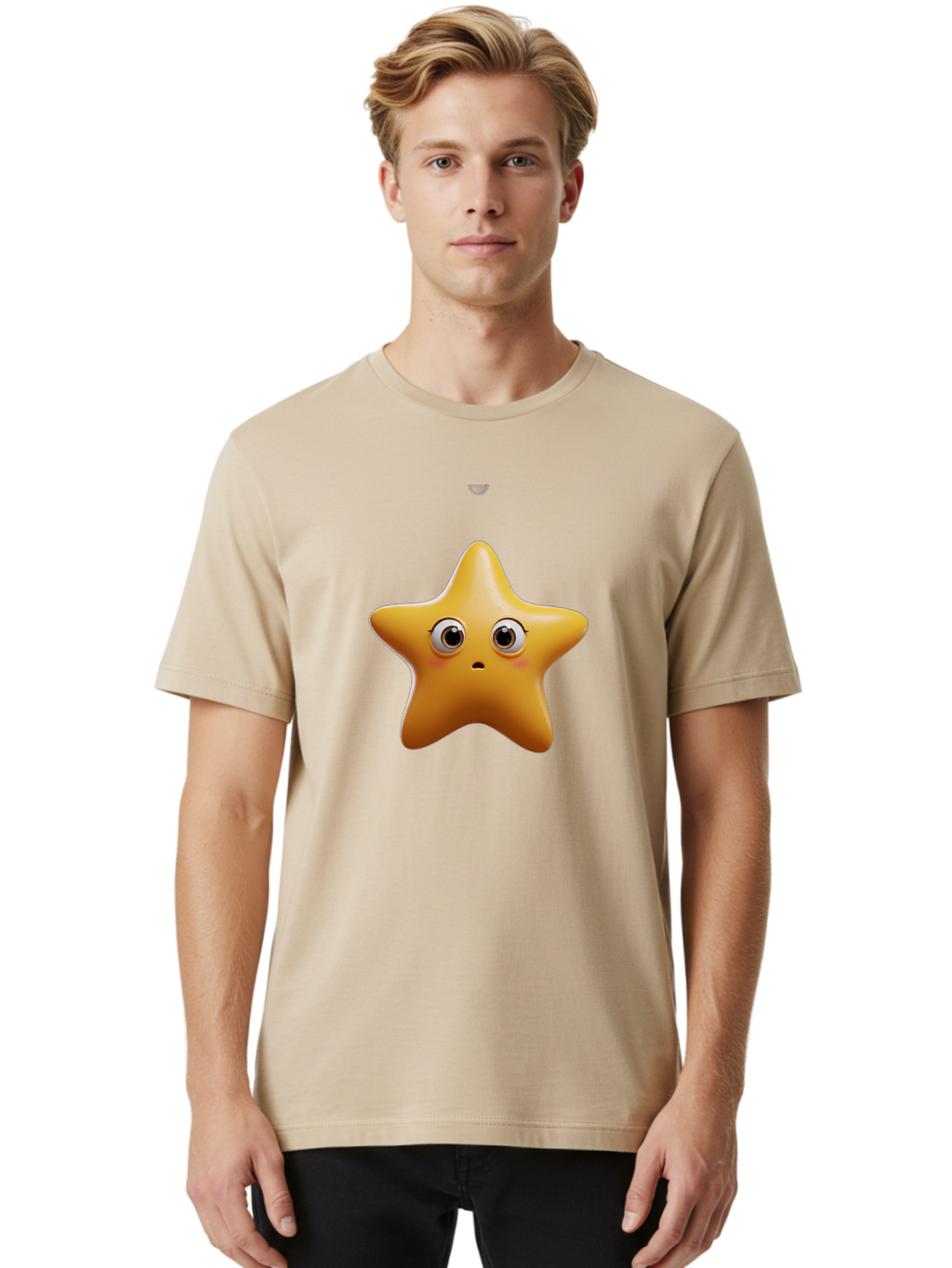 Star-Emoji Men'S Graphic Tee, 100% Cotton, Comfortable Casual Summer Wear, Machine Washable, Cartoon Star, Cute Expression, Surprised Face, Shiny Star, 3D Illustration, Yellow Star, Emoji Character, Surprised Emoji Bac451