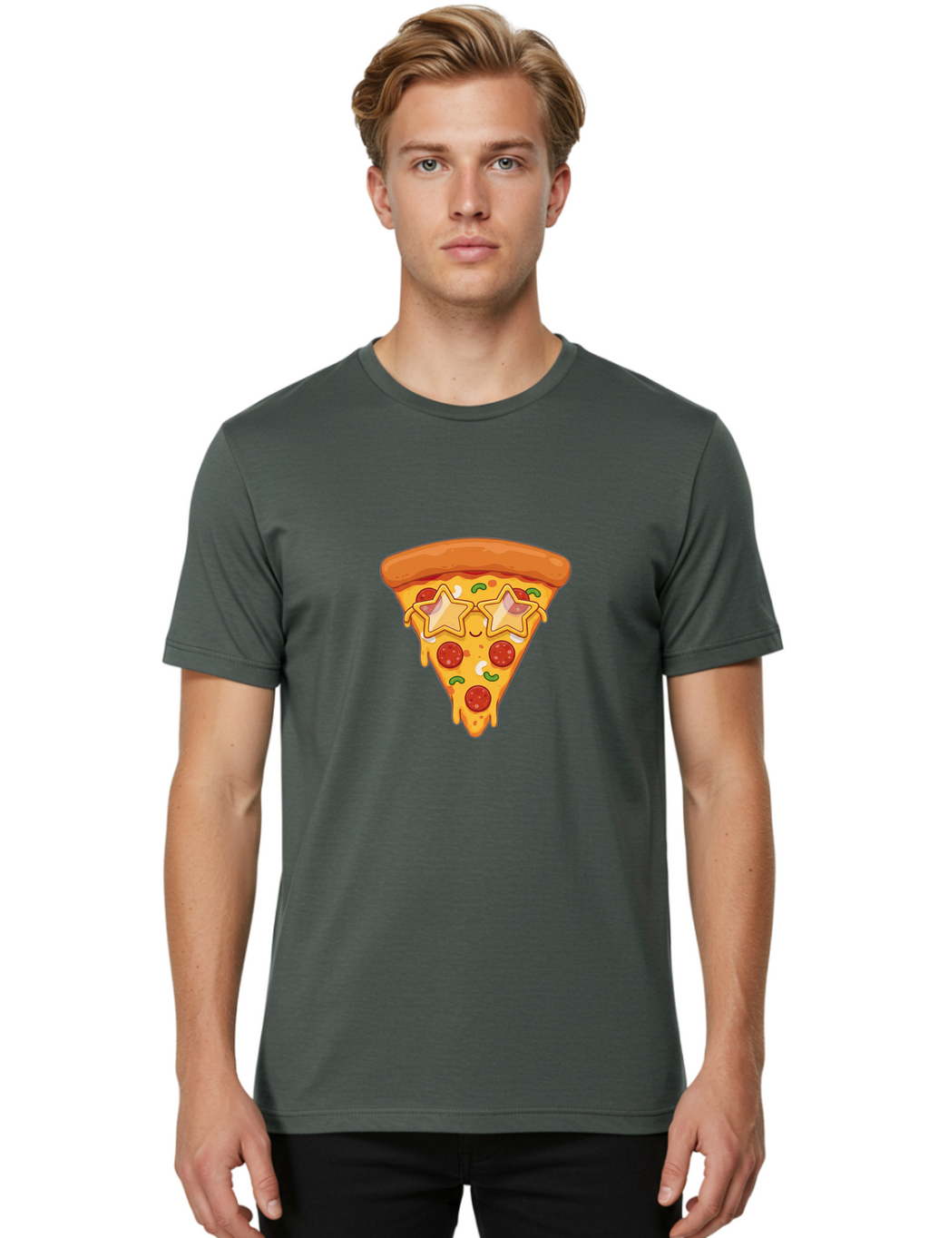 Star-Pizza-Slice Men'S Graphic Tee, 100% Cotton, Comfortable Casual Summer Wear, Machine Washable, Pizza Slice, Melted Cheese, Pepperoni Pizza, Star-Shaped Toppings, Cartoon-Style Pizza, Cheesy Goodness, Savory Delight, Pizza Love, Foodie Fun, Bac452