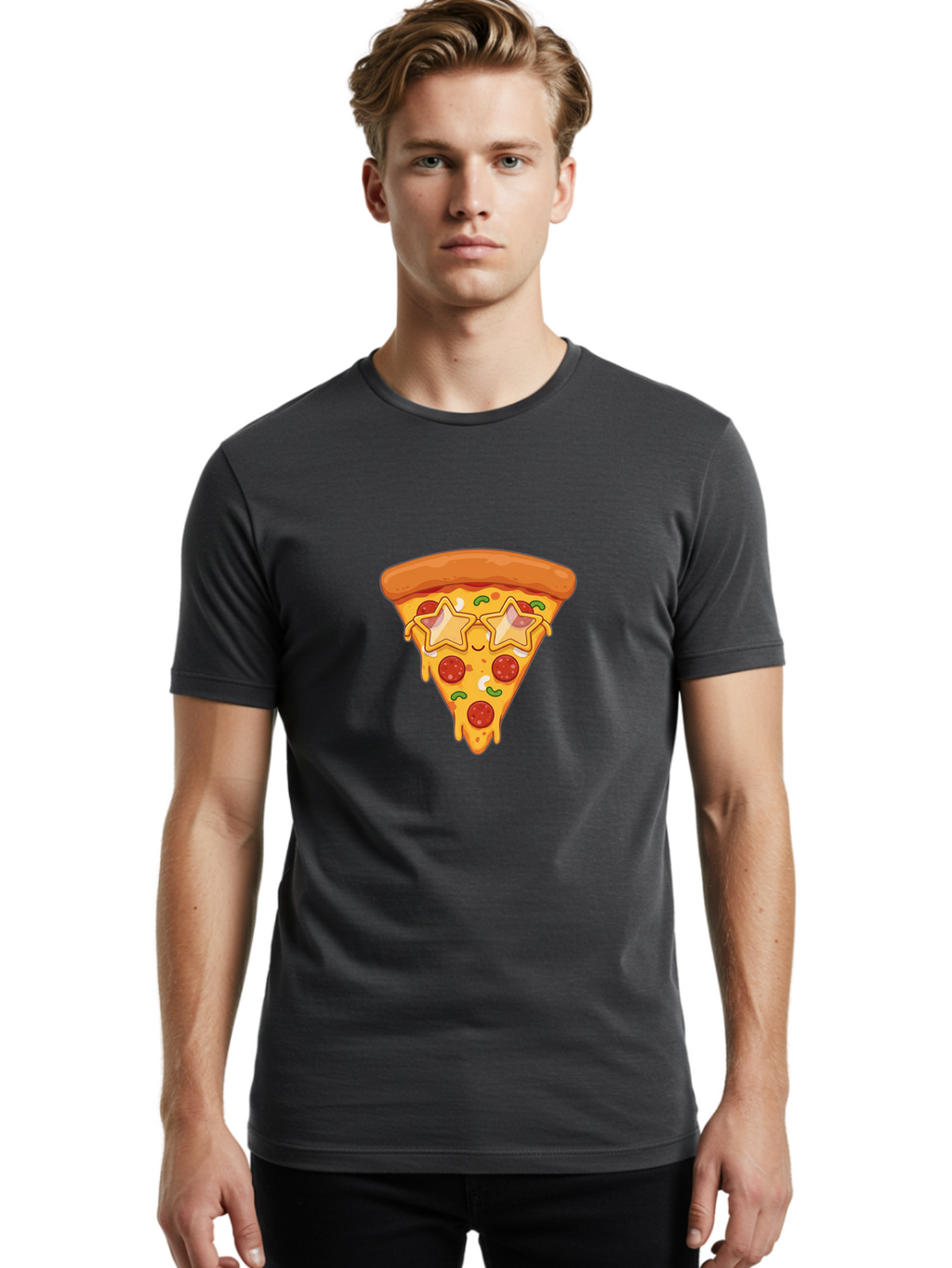 Star-Pizza-Slice Men'S Graphic Tee, 100% Cotton, Comfortable Casual Summer Wear, Machine Washable, Pizza Slice, Melted Cheese, Pepperoni Pizza, Star-Shaped Toppings, Cartoon-Style Pizza, Cheesy Goodness, Savory Delight, Pizza Love, Foodie Fun, Bac452