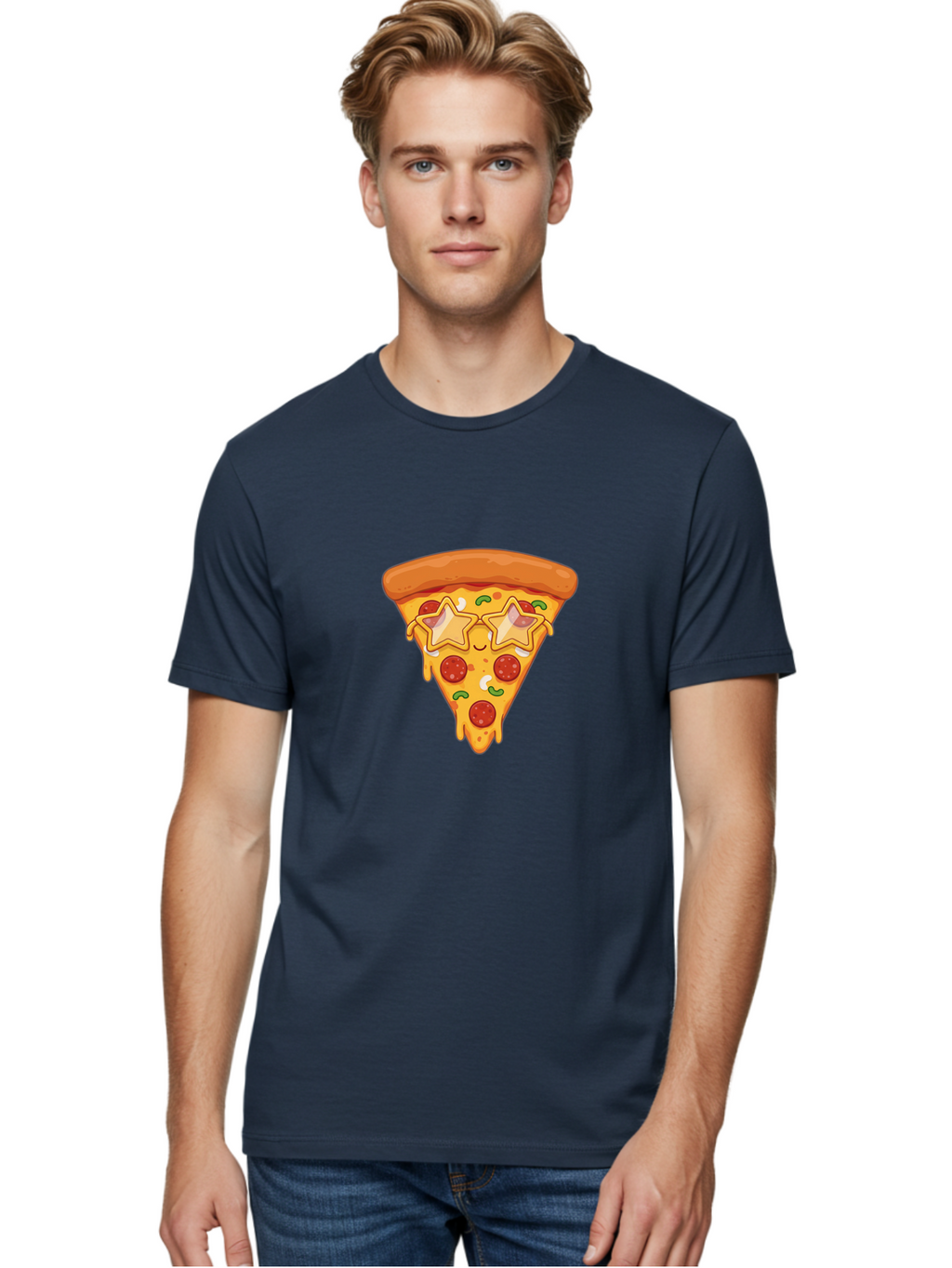 Star-Pizza-Slice Men'S Graphic Tee, 100% Cotton, Comfortable Casual Summer Wear, Machine Washable, Pizza Slice, Melted Cheese, Pepperoni Pizza, Star-Shaped Toppings, Cartoon-Style Pizza, Cheesy Goodness, Savory Delight, Pizza Love, Foodie Fun, Bac452