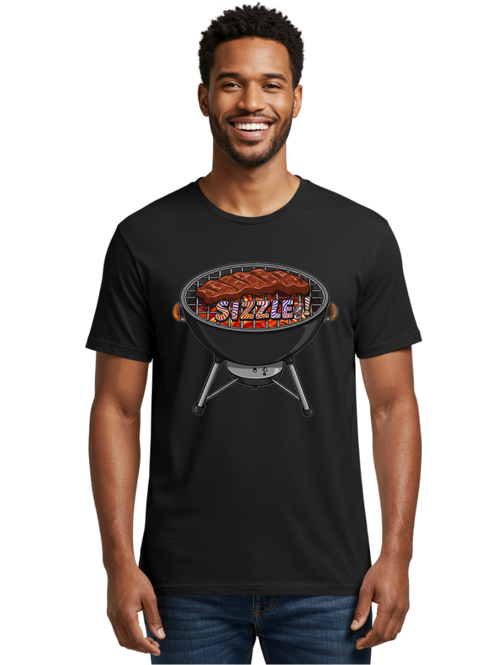 Steak-On-The-Grill Men'S Graphic Tee, 100% Cotton, Comfortable Casual Summer Wear, Machine Washable, Grilled Steak, Sizzling Grill, Barbecue Cooking, Outdoor Cooking, Grill Marks, Savory Steak, Hot Coals, Grilled Meat Bac453