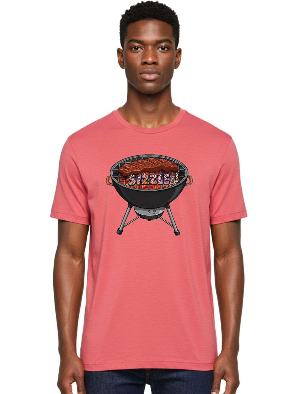 Steak-On-The-Grill Men'S Graphic Tee, 100% Cotton, Comfortable Casual Summer Wear, Machine Washable, Grilled Steak, Sizzling Grill, Barbecue Cooking, Outdoor Cooking, Grill Marks, Savory Steak, Hot Coals, Grilled Meat Bac453