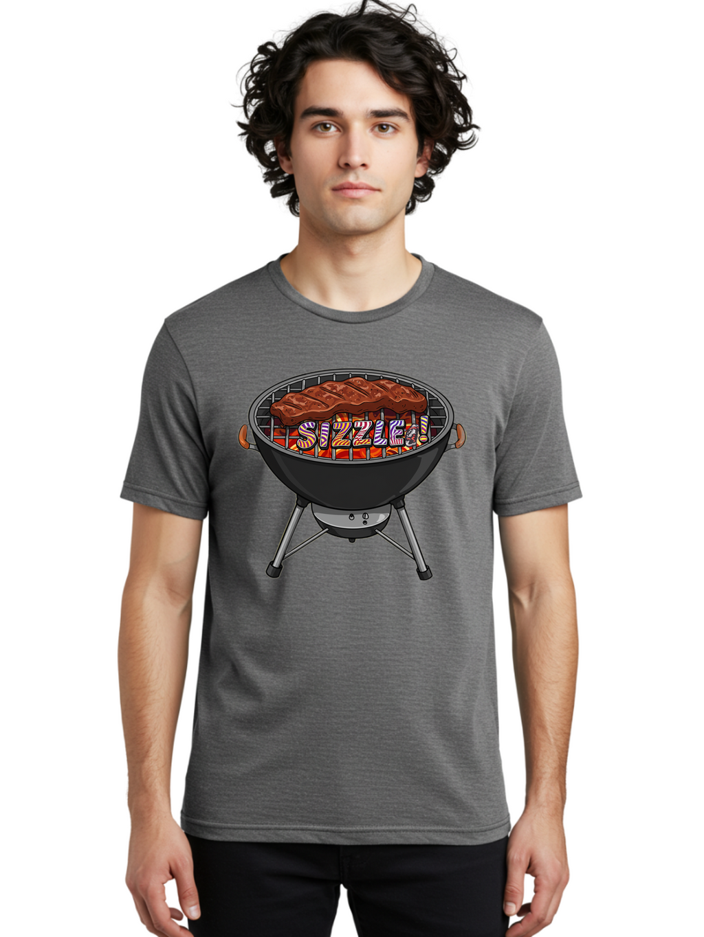 Steak-On-The-Grill Men'S Graphic Tee, 100% Cotton, Comfortable Casual Summer Wear, Machine Washable, Grilled Steak, Sizzling Grill, Barbecue Cooking, Outdoor Cooking, Grill Marks, Savory Steak, Hot Coals, Grilled Meat Bac453