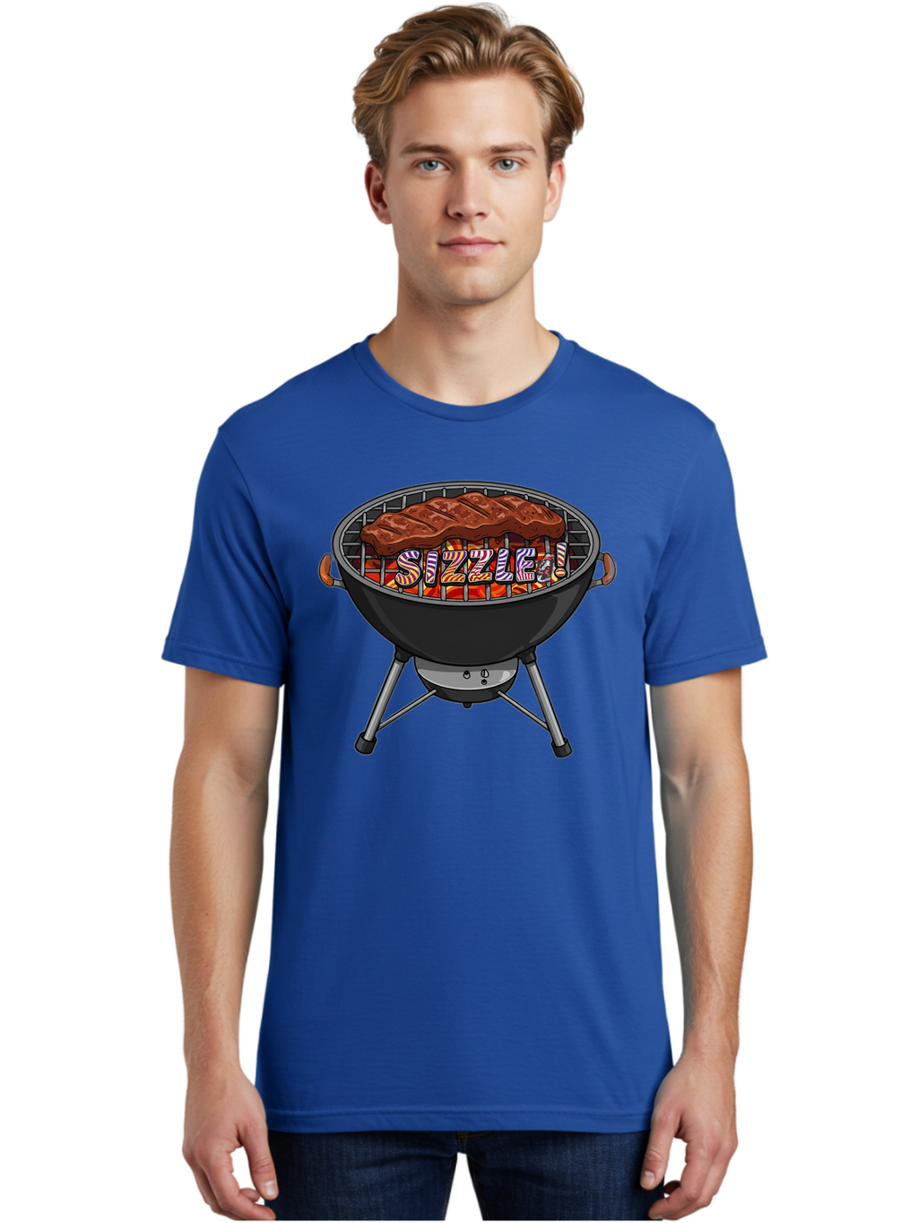Steak-On-The-Grill Men'S Graphic Tee, 100% Cotton, Comfortable Casual Summer Wear, Machine Washable, Grilled Steak, Sizzling Grill, Barbecue Cooking, Outdoor Cooking, Grill Marks, Savory Steak, Hot Coals, Grilled Meat Bac453