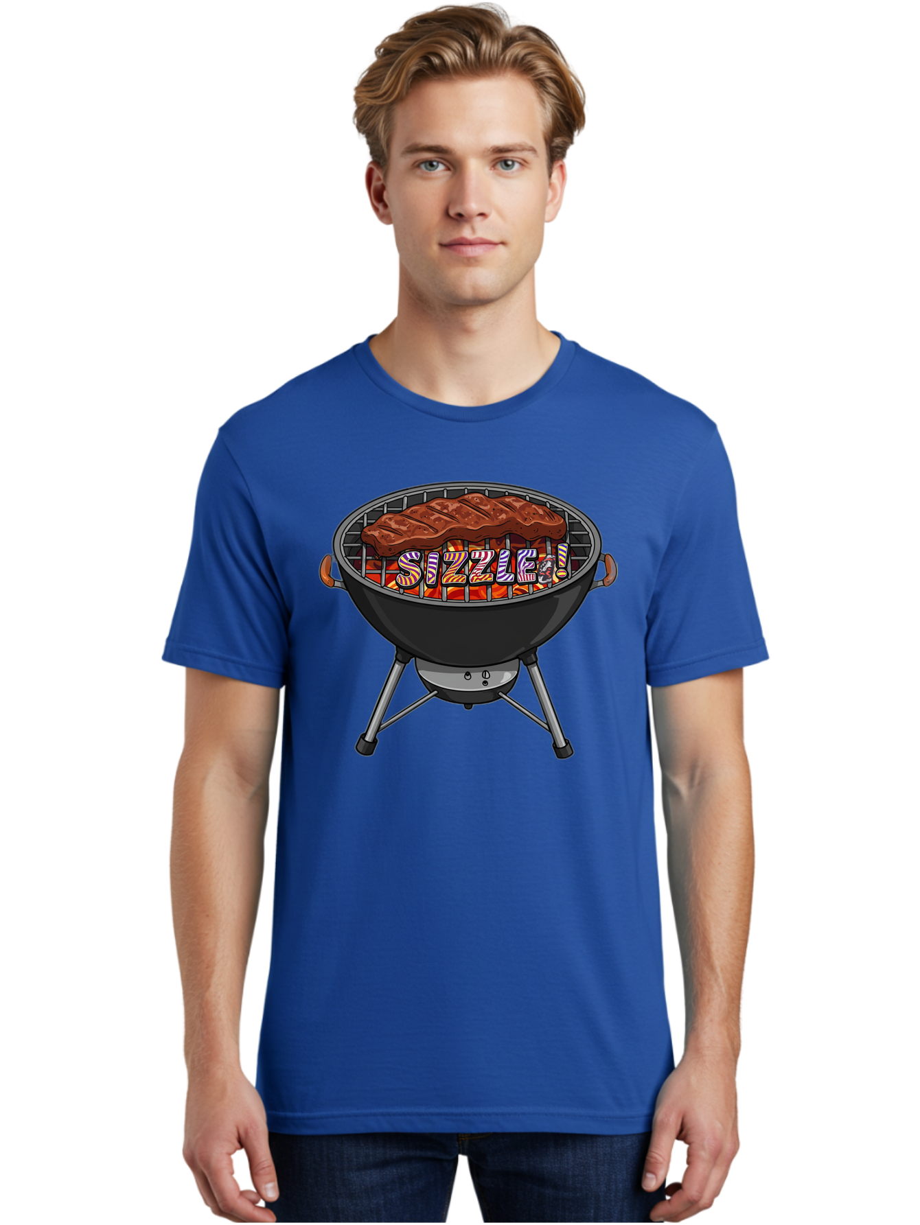 Steak-On-The-Grill Men'S Graphic Tee, 100% Cotton, Comfortable Casual Summer Wear, Machine Washable, Grilled Steak, Sizzling Grill, Barbecue Cooking, Outdoor Cooking, Grill Marks, Savory Steak, Hot Coals, Grilled Meat Bac453