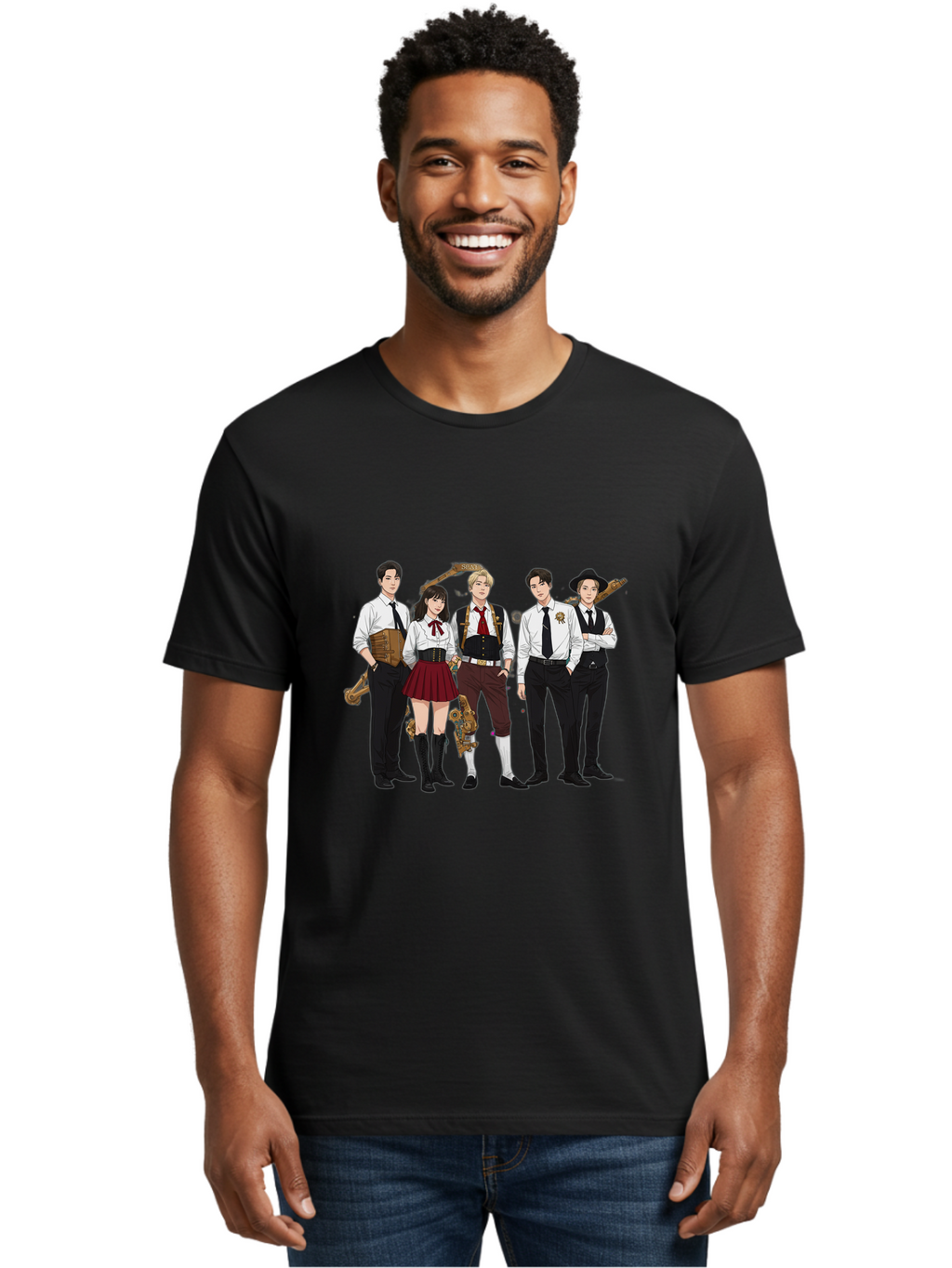 Steampunk-Characters Men'S Graphic Tee, 100% Cotton, Comfortable Casual Summer Wear, Machine Washable, Steampunk Characters, Anime-Inspired Art, Futuristic Attire, Science Fiction Elements, Clockwork Mechanisms, Formal Wear, Bac454