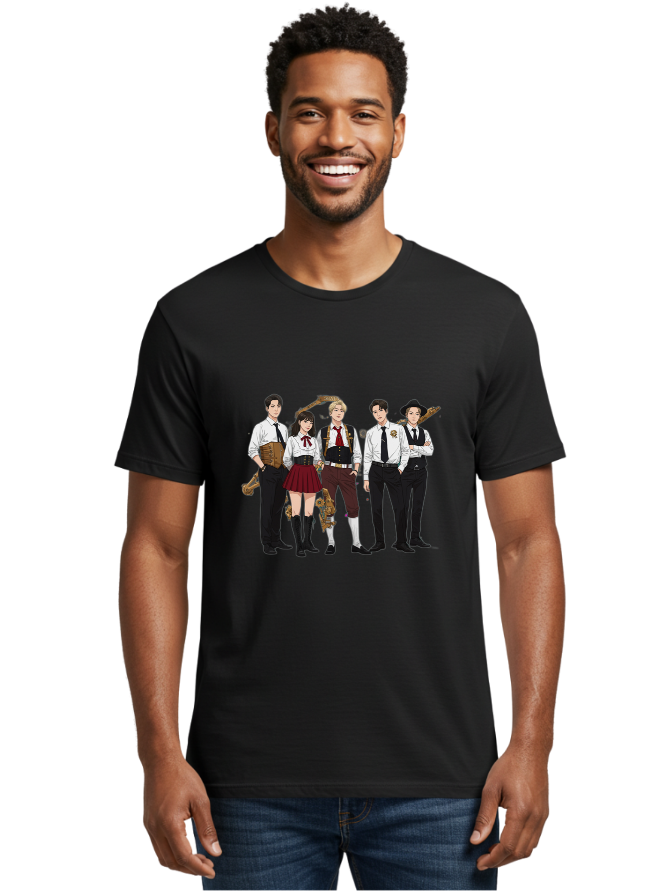 Steampunk-Characters Men'S Graphic Tee, 100% Cotton, Comfortable Casual Summer Wear, Machine Washable, Steampunk Characters, Anime-Inspired Art, Futuristic Attire, Science Fiction Elements, Clockwork Mechanisms, Formal Wear, Bac454