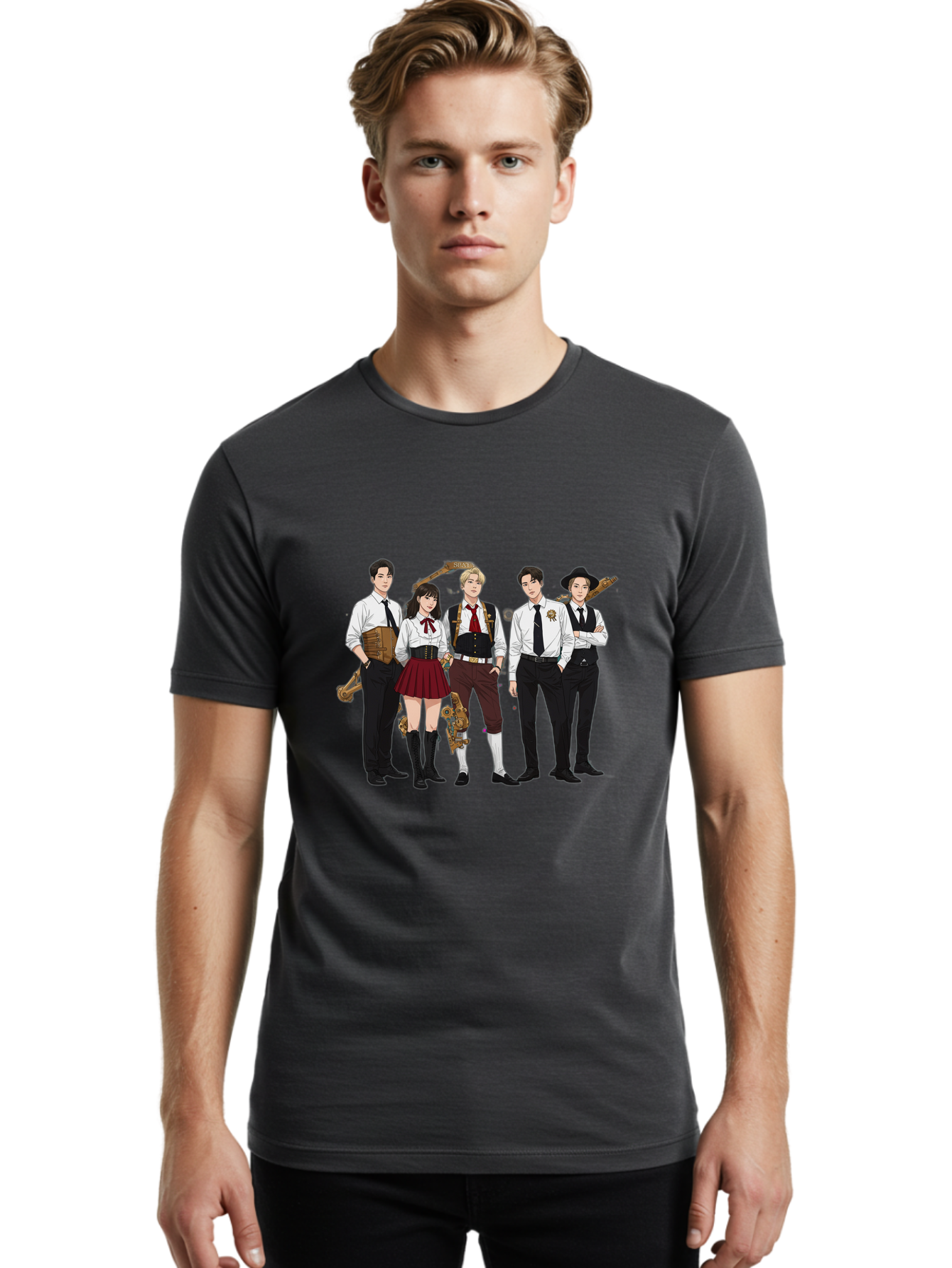 Steampunk-Characters Men'S Graphic Tee, 100% Cotton, Comfortable Casual Summer Wear, Machine Washable, Steampunk Characters, Anime-Inspired Art, Futuristic Attire, Science Fiction Elements, Clockwork Mechanisms, Formal Wear, Bac454