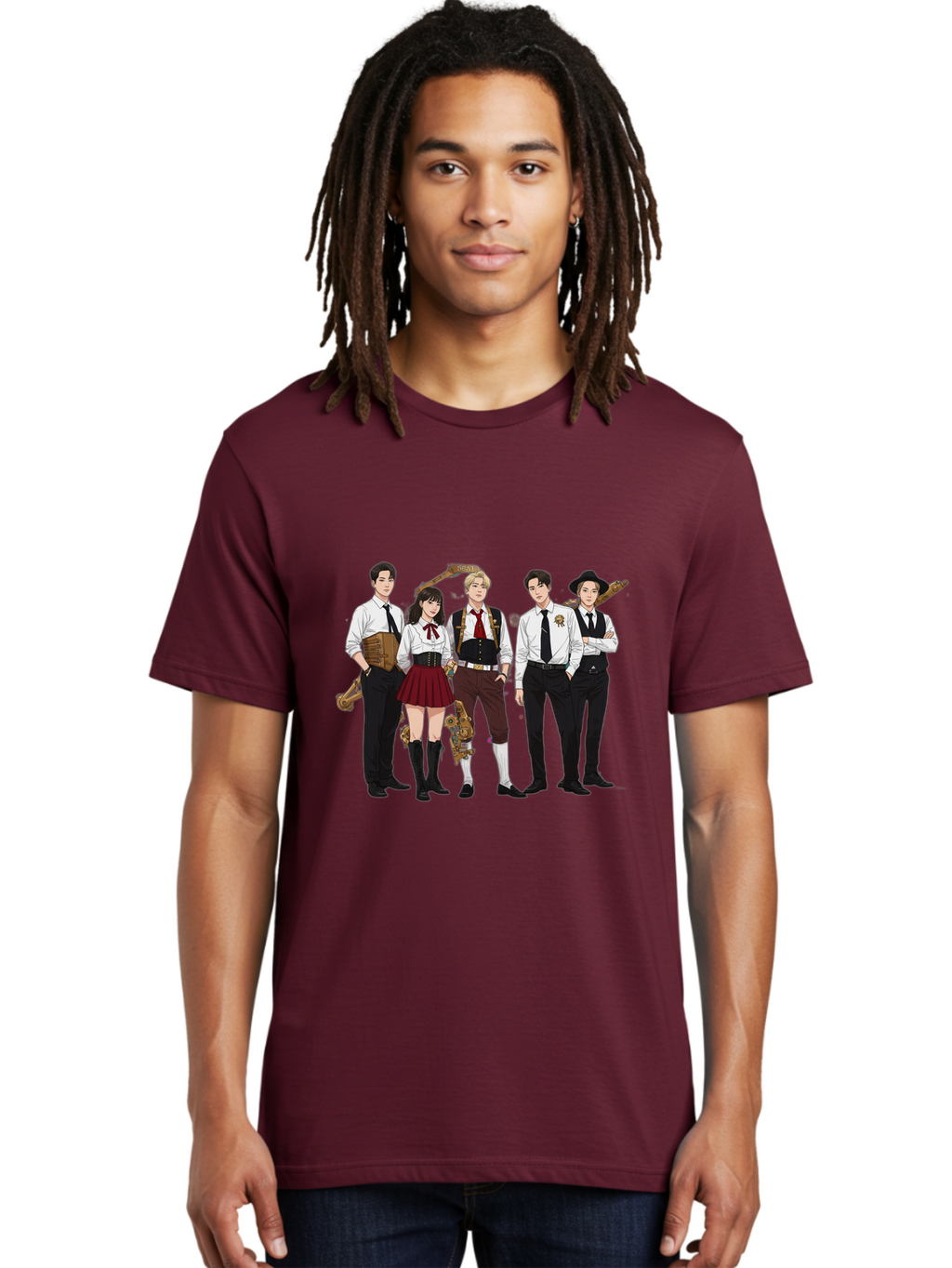 Steampunk-Characters Men'S Graphic Tee, 100% Cotton, Comfortable Casual Summer Wear, Machine Washable, Steampunk Characters, Anime-Inspired Art, Futuristic Attire, Science Fiction Elements, Clockwork Mechanisms, Formal Wear, Bac454