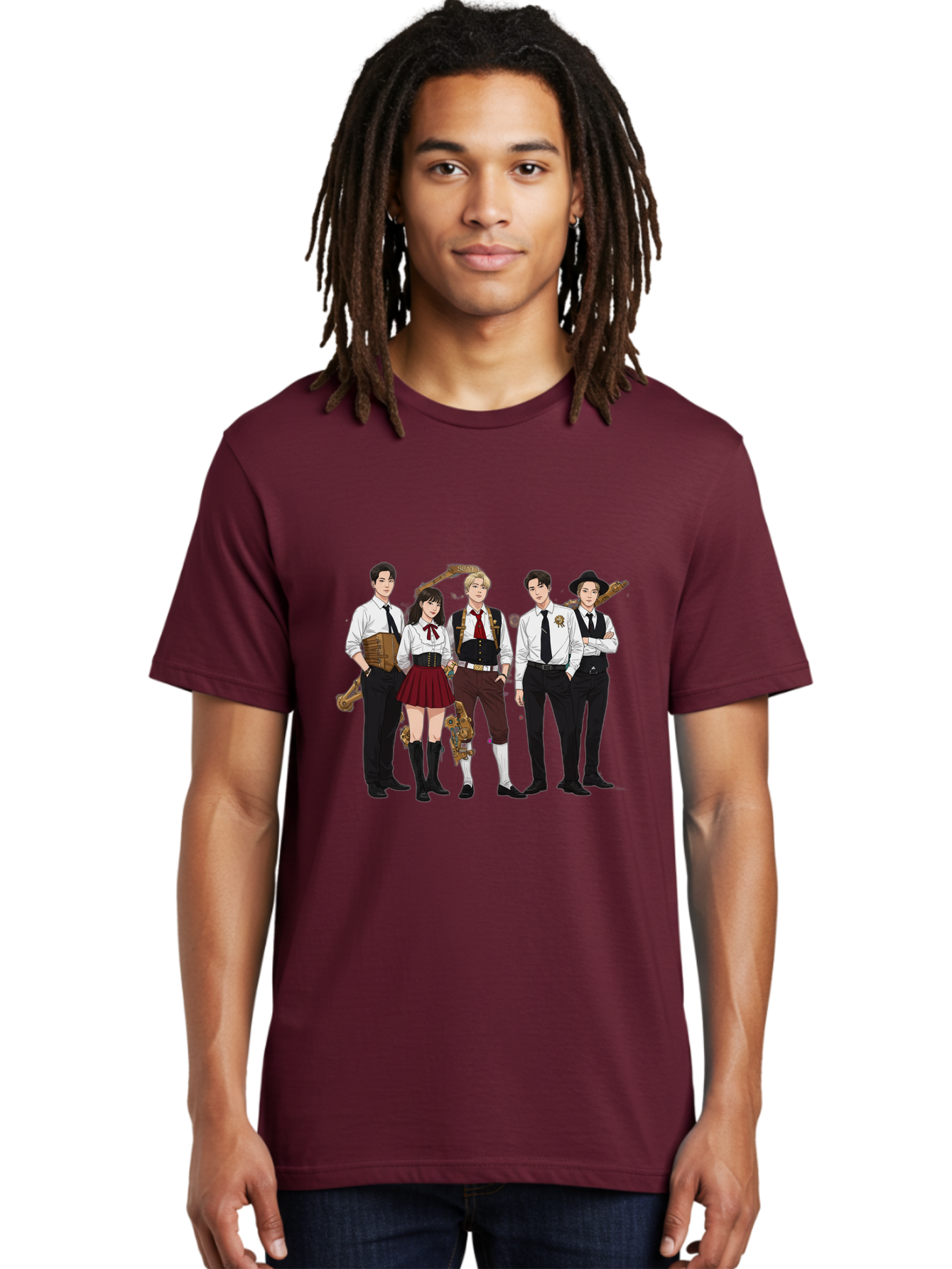 Steampunk-Characters Men'S Graphic Tee, 100% Cotton, Comfortable Casual Summer Wear, Machine Washable, Steampunk Characters, Anime-Inspired Art, Futuristic Attire, Science Fiction Elements, Clockwork Mechanisms, Formal Wear, Bac454
