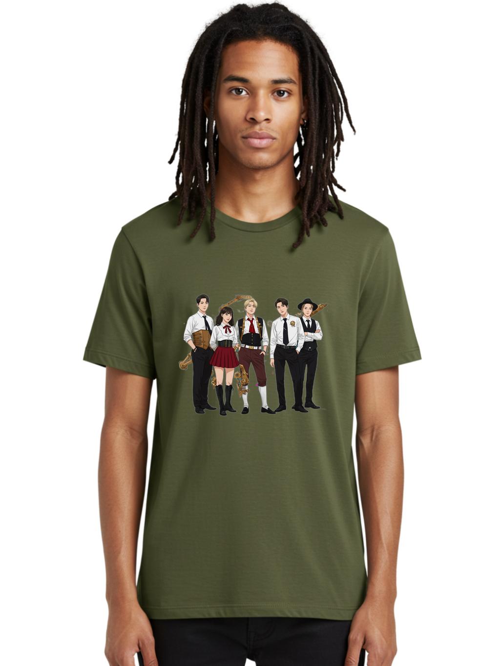 Steampunk-Characters Men'S Graphic Tee, 100% Cotton, Comfortable Casual Summer Wear, Machine Washable, Steampunk Characters, Anime-Inspired Art, Futuristic Attire, Science Fiction Elements, Clockwork Mechanisms, Formal Wear, Bac454