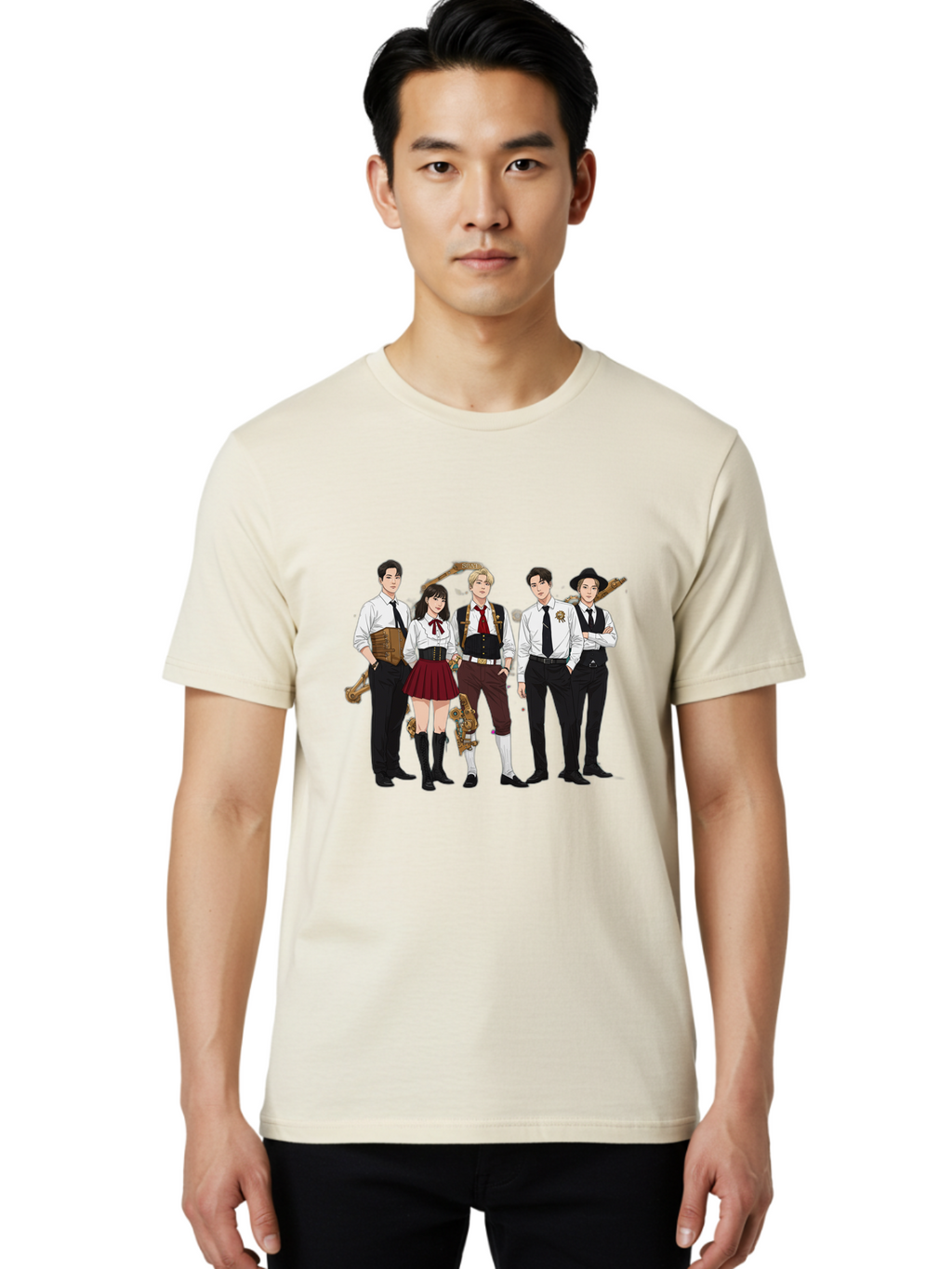 Steampunk-Characters Men'S Graphic Tee, 100% Cotton, Comfortable Casual Summer Wear, Machine Washable, Steampunk Characters, Anime-Inspired Art, Futuristic Attire, Science Fiction Elements, Clockwork Mechanisms, Formal Wear, Bac454