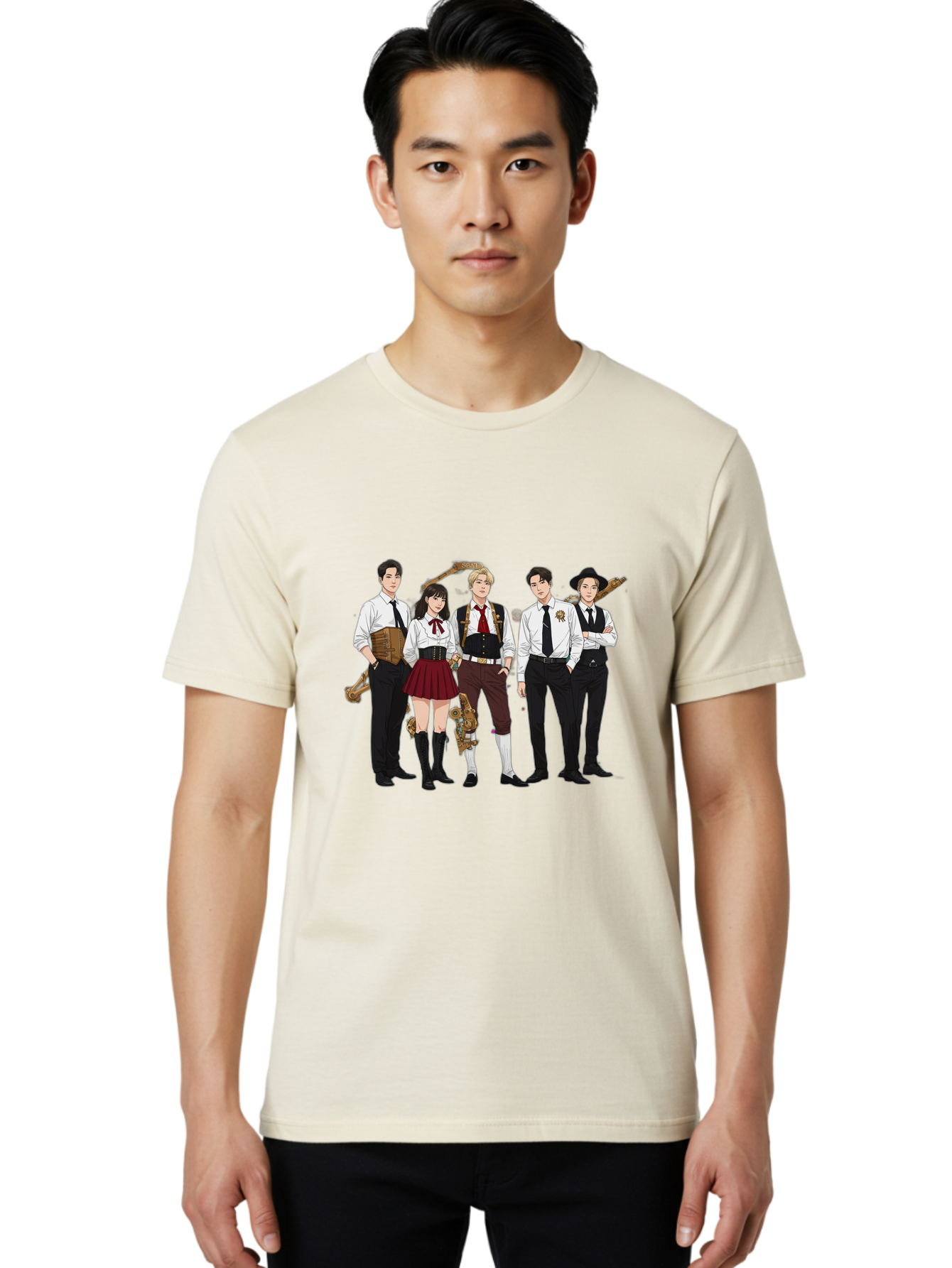 Steampunk-Characters Men'S Graphic Tee, 100% Cotton, Comfortable Casual Summer Wear, Machine Washable, Steampunk Characters, Anime-Inspired Art, Futuristic Attire, Science Fiction Elements, Clockwork Mechanisms, Formal Wear, Bac454
