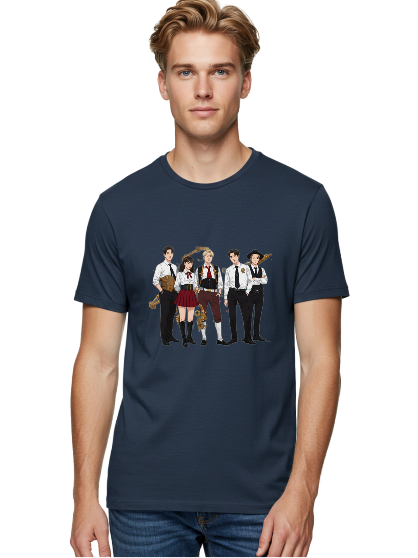 Steampunk-Characters Men'S Graphic Tee, 100% Cotton, Comfortable Casual Summer Wear, Machine Washable, Steampunk Characters, Anime-Inspired Art, Futuristic Attire, Science Fiction Elements, Clockwork Mechanisms, Formal Wear, Bac454