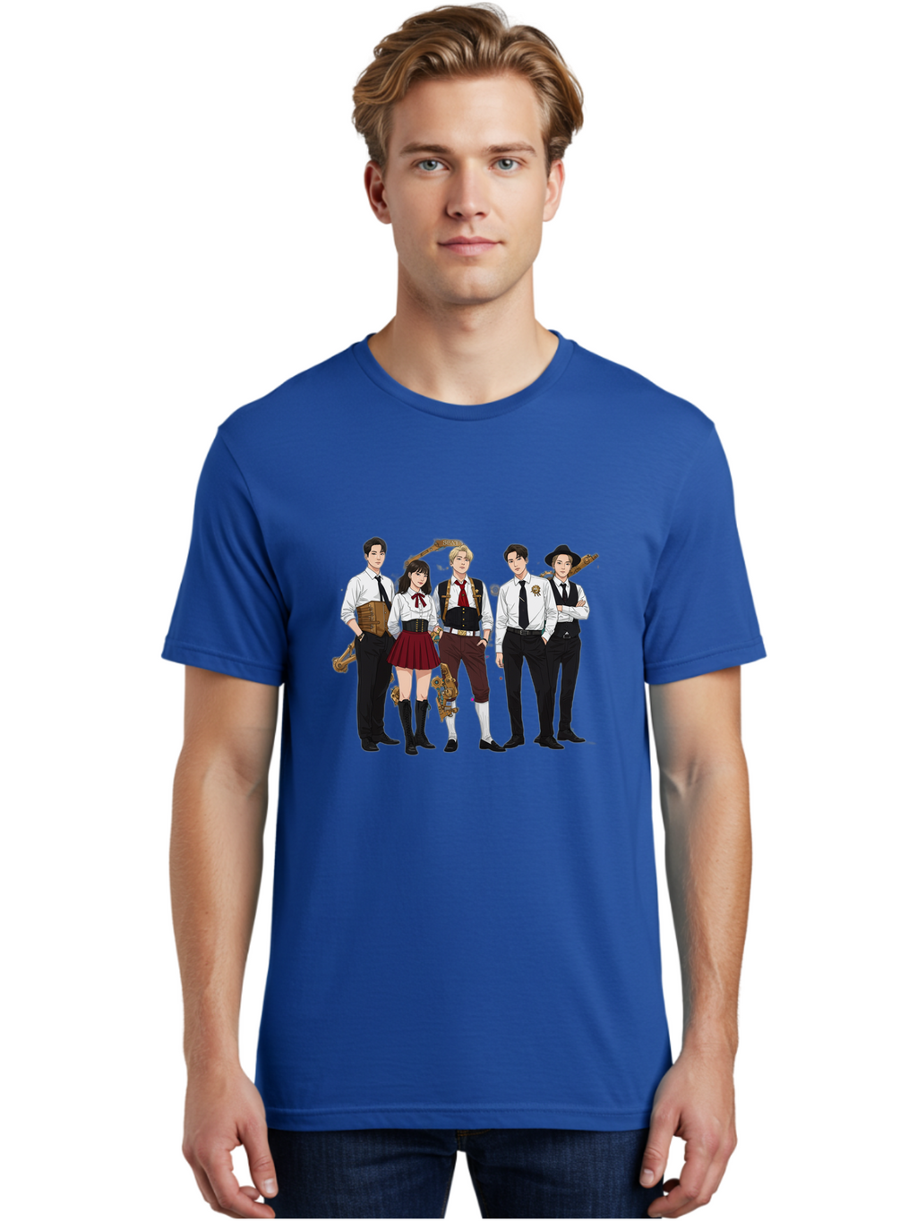 Steampunk-Characters Men'S Graphic Tee, 100% Cotton, Comfortable Casual Summer Wear, Machine Washable, Steampunk Characters, Anime-Inspired Art, Futuristic Attire, Science Fiction Elements, Clockwork Mechanisms, Formal Wear, Bac454