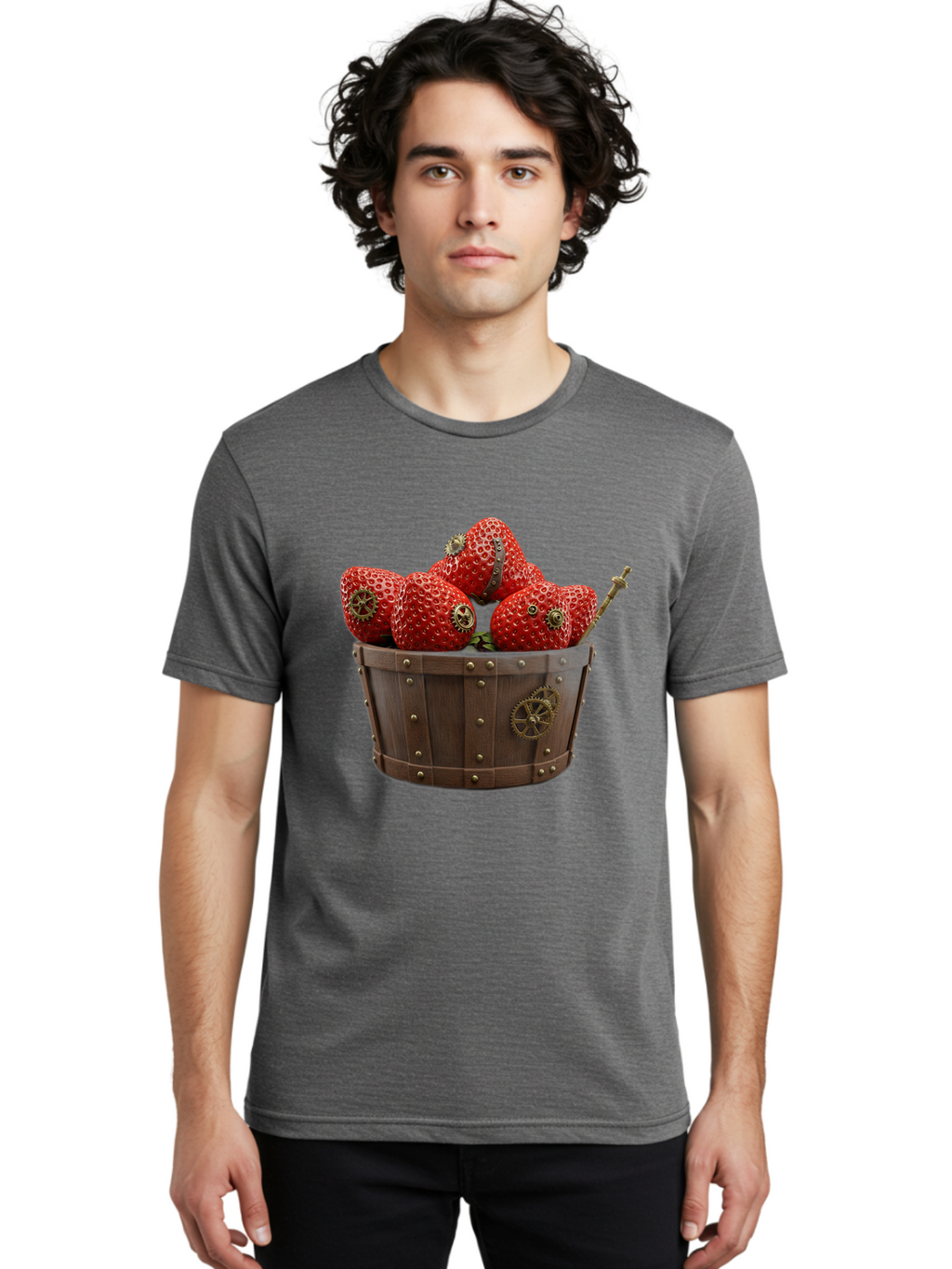 Steampunk-Strawberries Men'S Graphic Tee, 100% Cotton, Comfortable Casual Summer Wear, Machine Washable, Steampunk Strawberries, Mechanical Fruit, Wooden Basket, Gear Embellishments, Industrial Design, Vintage Aesthetic, Creative Concept, Bac455