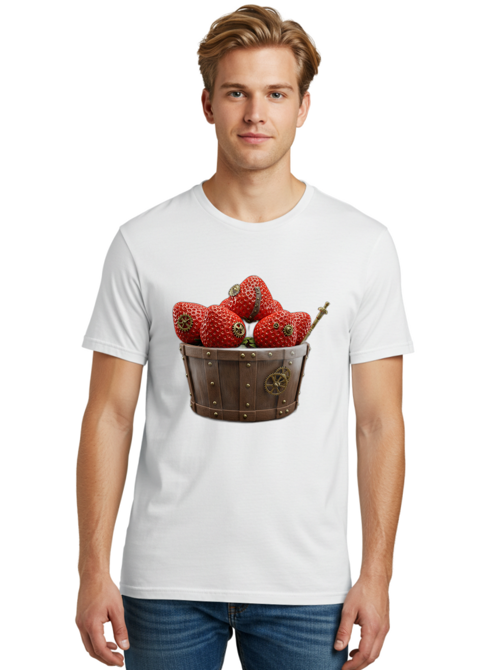 Steampunk-Strawberries Men'S Graphic Tee, 100% Cotton, Comfortable Casual Summer Wear, Machine Washable, Steampunk Strawberries, Mechanical Fruit, Wooden Basket, Gear Embellishments, Industrial Design, Vintage Aesthetic, Creative Concept, Bac455