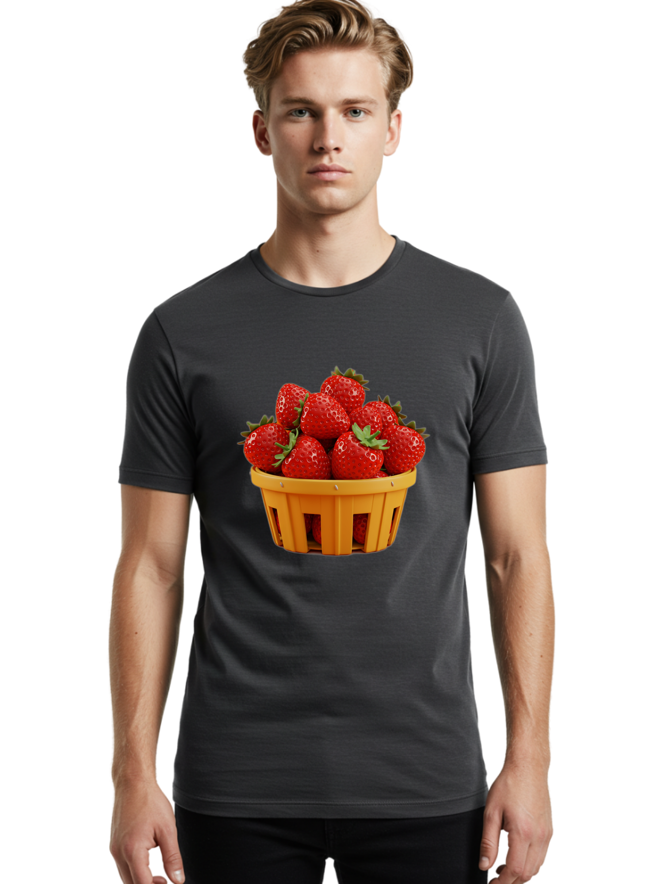 Strawberries-In-A-Yellow-Basket Men'S Graphic Tee, 100% Cotton, Comfortable Casual Summer Wear, Machine Washable, Basket Of Strawberries, Fresh Strawberries, Ripe Strawberries, Summer Fruits, Healthy Snack, Vibrant Red Strawberries, Bac459