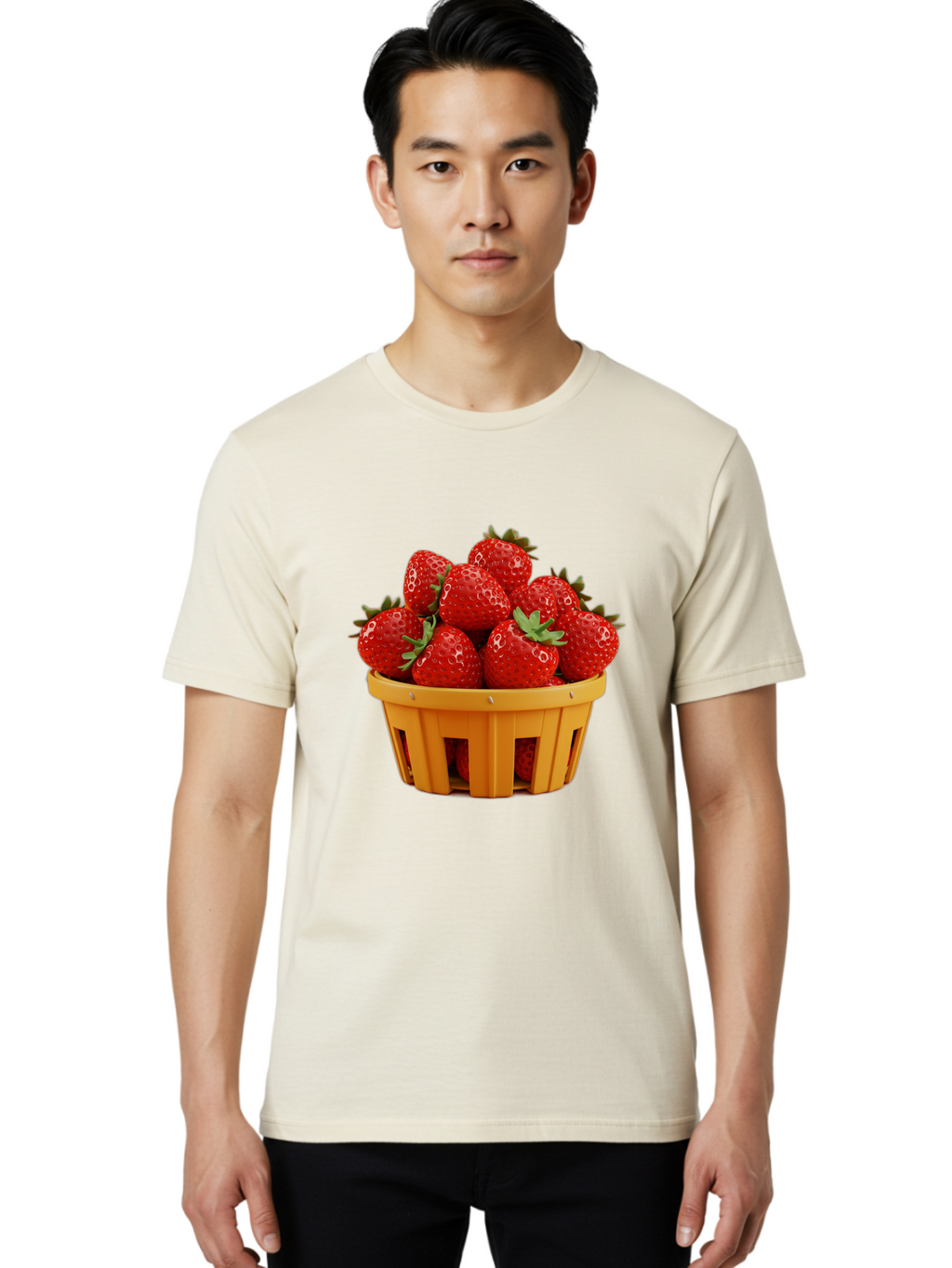 Strawberries-In-A-Yellow-Basket Men'S Graphic Tee, 100% Cotton, Comfortable Casual Summer Wear, Machine Washable, Basket Of Strawberries, Fresh Strawberries, Ripe Strawberries, Summer Fruits, Healthy Snack, Vibrant Red Strawberries, Bac459