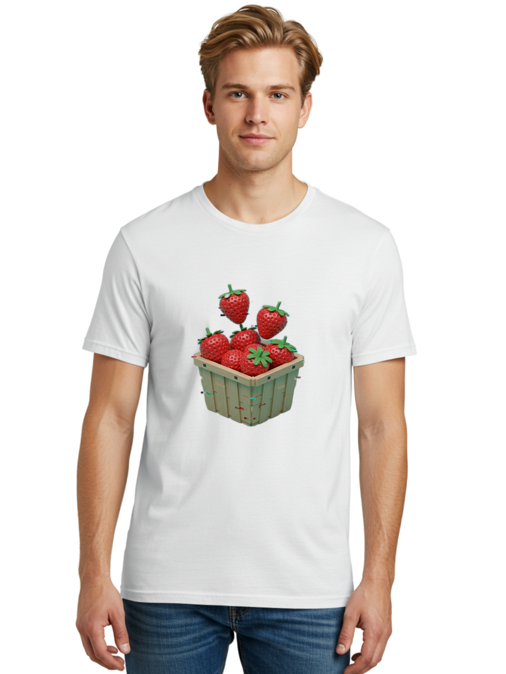 Strawberries-In-Basket Men'S Graphic Tee, 100% Cotton, Comfortable Casual Summer Wear, Machine Washable, Strawberries In Wooden Basket, Fresh Strawberries, Ripe Fruits, Healthy Snack, Basket Full Of Strawberries, Sweet Treats, Summer Fruits Bac460