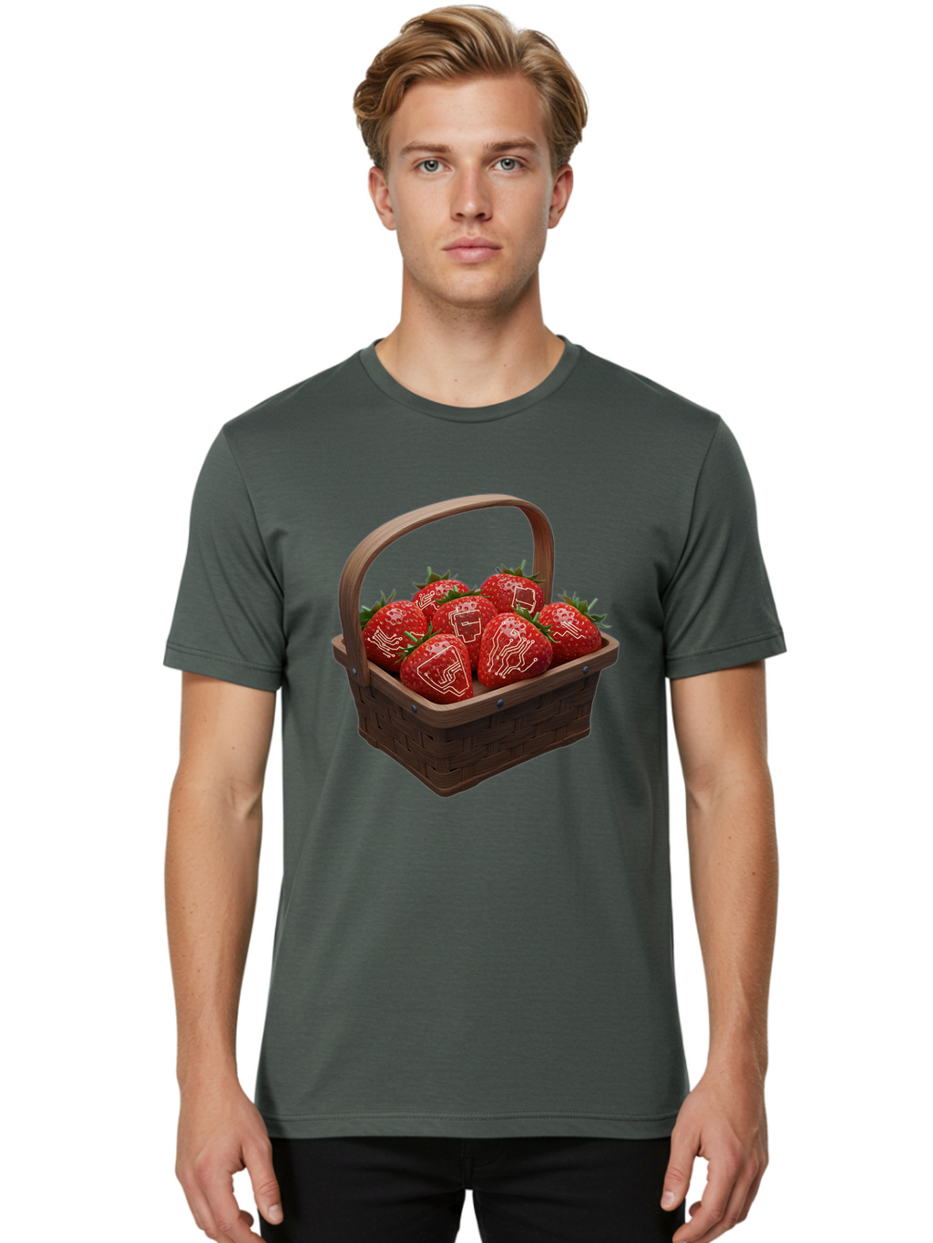 Strawberries-With-Robot-Faces Men'S Graphic Tee, 100% Cotton, Comfortable Casual Summer Wear, Machine Washable, Strawberries With Diagrams, Technical Drawings On Fruit, Wooden Basket, Fresh Strawberries, Technical Illustrations, Bac462