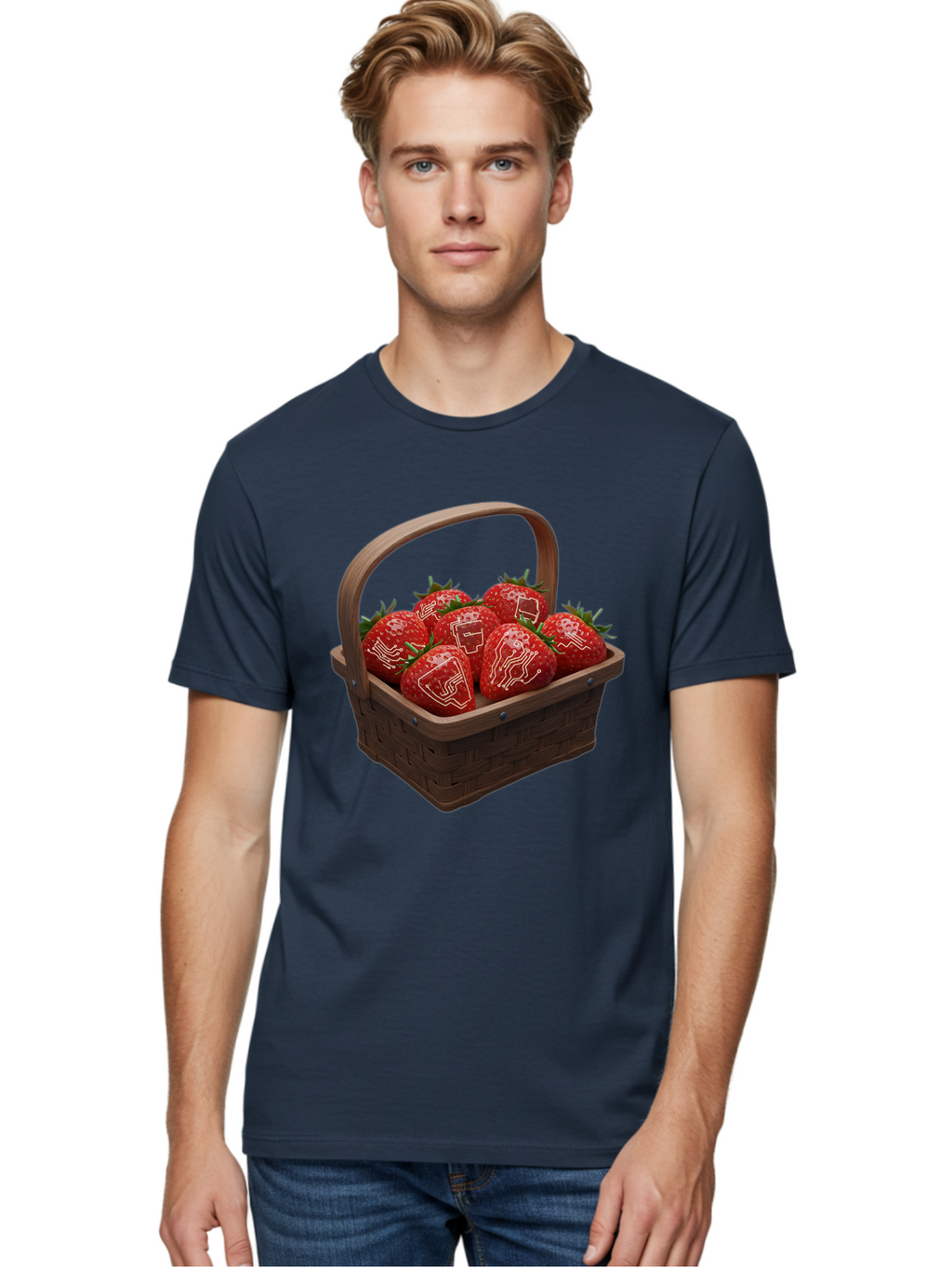 Strawberries-With-Robot-Faces Men'S Graphic Tee, 100% Cotton, Comfortable Casual Summer Wear, Machine Washable, Strawberries With Diagrams, Technical Drawings On Fruit, Wooden Basket, Fresh Strawberries, Technical Illustrations, Bac462