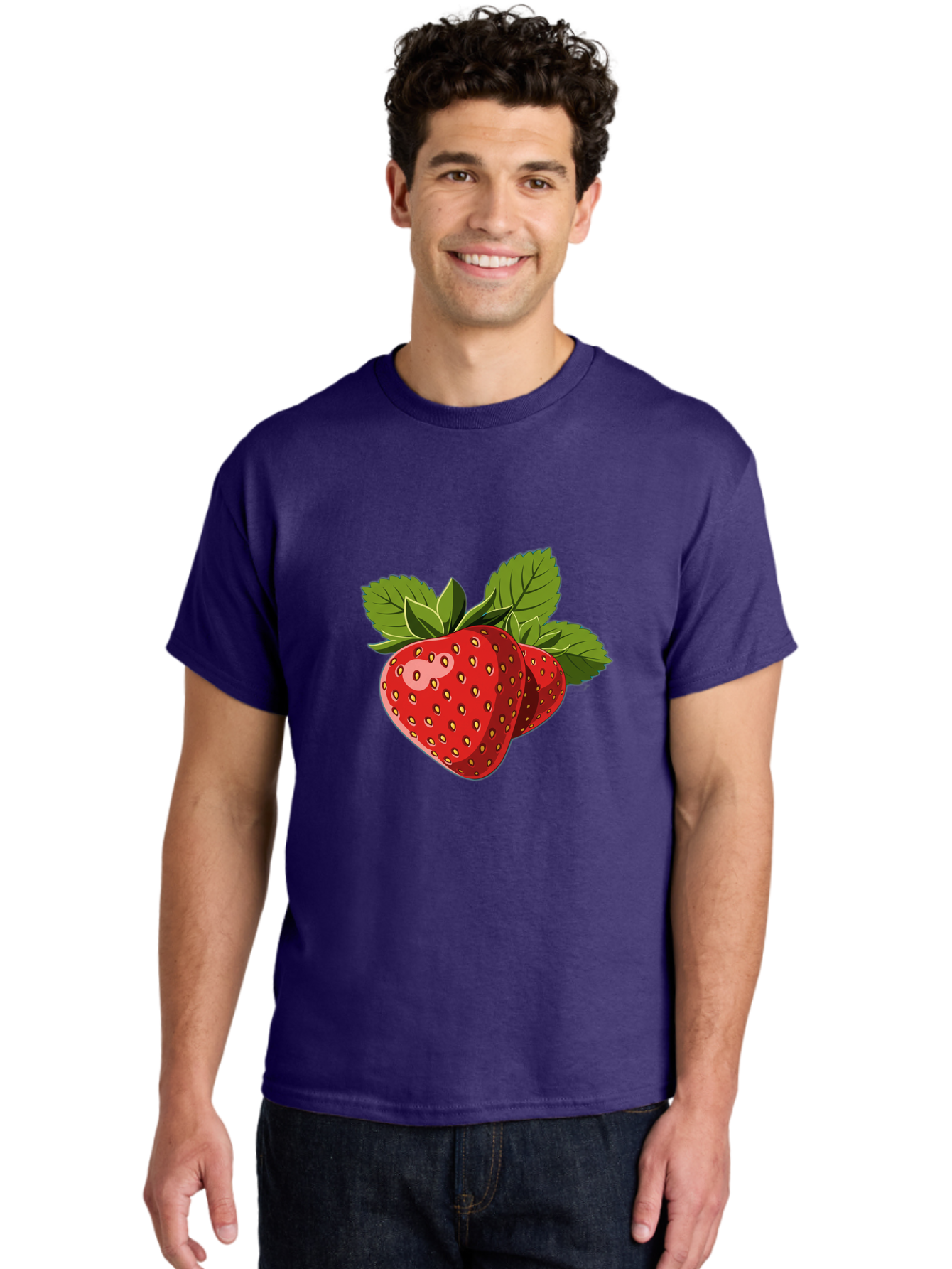 Strawberries Men'S Graphic Tee, 100% Cotton, Comfortable Casual Summer Wear, Machine Washable, Strawberries With Leaves, Fresh Fruit, Red Strawberries, Strawberry Illustration, Sweet Treats, Healthy Snacks, Green Leaves, Ripe Strawberries, Bac463