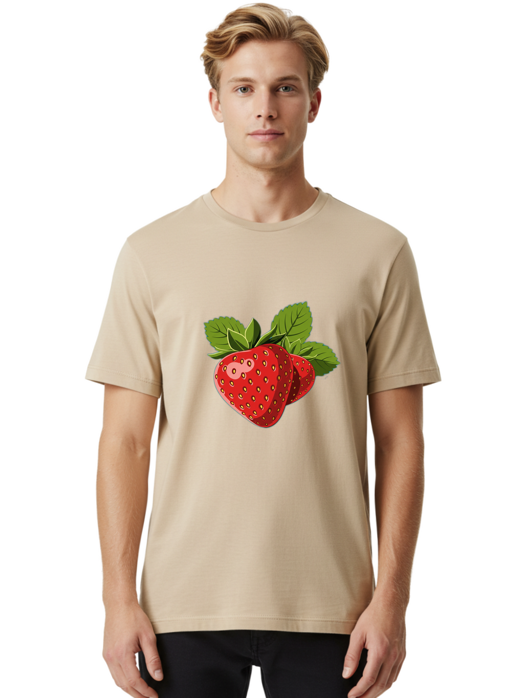Strawberries Men'S Graphic Tee, 100% Cotton, Comfortable Casual Summer Wear, Machine Washable, Strawberries With Leaves, Fresh Fruit, Red Strawberries, Strawberry Illustration, Sweet Treats, Healthy Snacks, Green Leaves, Ripe Strawberries, Bac463