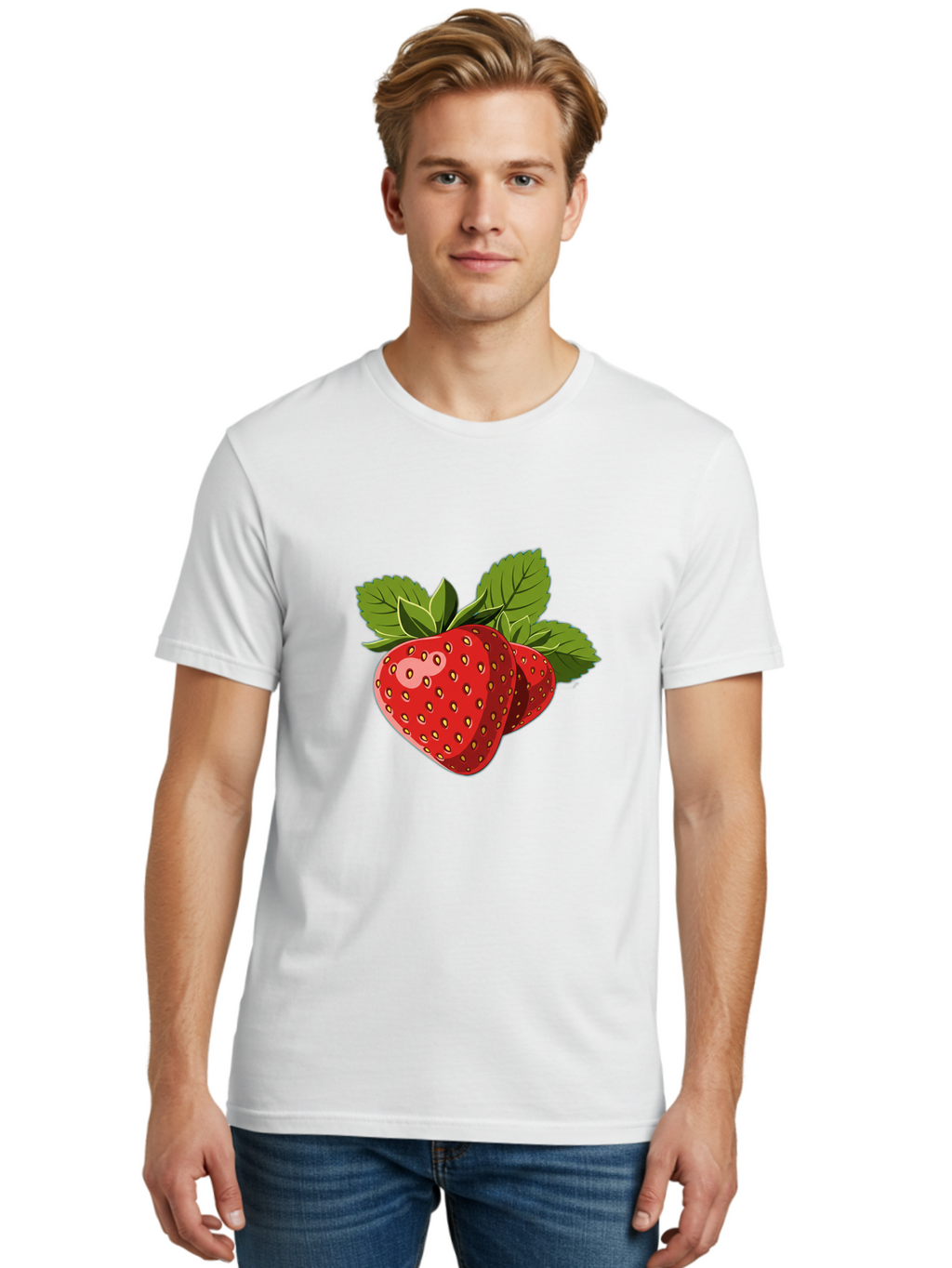 Strawberries Men'S Graphic Tee, 100% Cotton, Comfortable Casual Summer Wear, Machine Washable, Strawberries With Leaves, Fresh Fruit, Red Strawberries, Strawberry Illustration, Sweet Treats, Healthy Snacks, Green Leaves, Ripe Strawberries, Bac463