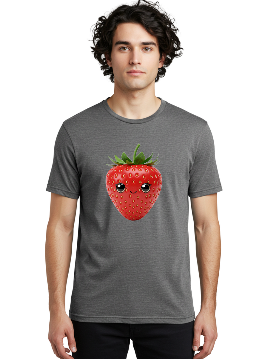 Strawberry-2 Men'S Graphic Tee, 100% Cotton, Comfortable Casual Summer Wear, Machine Washable, Cartoon Strawberry, Cute Fruit, Smiling Face, Adorable Character, Kawaii Design, Fruit Illustration, Red Strawberry, Funny Face, Cartoon Character, Bac465