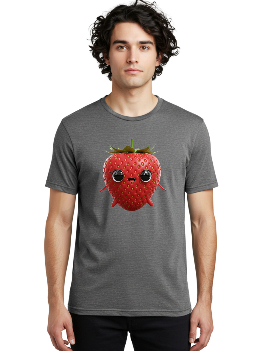 Strawberry-3 Men'S Graphic Tee, 100% Cotton, Comfortable Casual Summer Wear, Machine Washable, Cartoon Strawberry, Animated Fruit, Funny Character, Red Strawberry, Cute Face, Kawaii Art, Fruit Illustration, Playful Design, Digital Art, Bac466