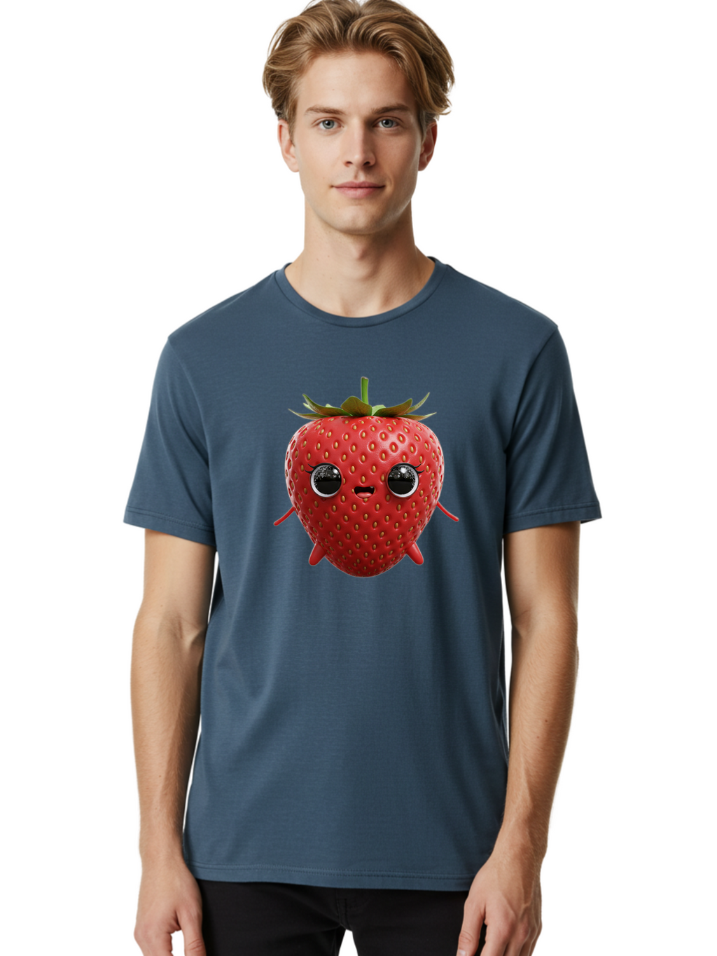 Strawberry-3 Men'S Graphic Tee, 100% Cotton, Comfortable Casual Summer Wear, Machine Washable, Cartoon Strawberry, Animated Fruit, Funny Character, Red Strawberry, Cute Face, Kawaii Art, Fruit Illustration, Playful Design, Digital Art, Bac466