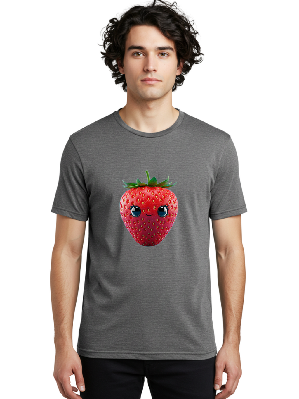 Strawberry-4 Men'S Graphic Tee, 100% Cotton, Comfortable Casual Summer Wear, Machine Washable, Cartoon Strawberry, Strawberry With Face, Smiling Fruit, Red Strawberry, Cute Character, Kawaii, Happy Strawberry, 3D Illustration, Adorable Design Bac467