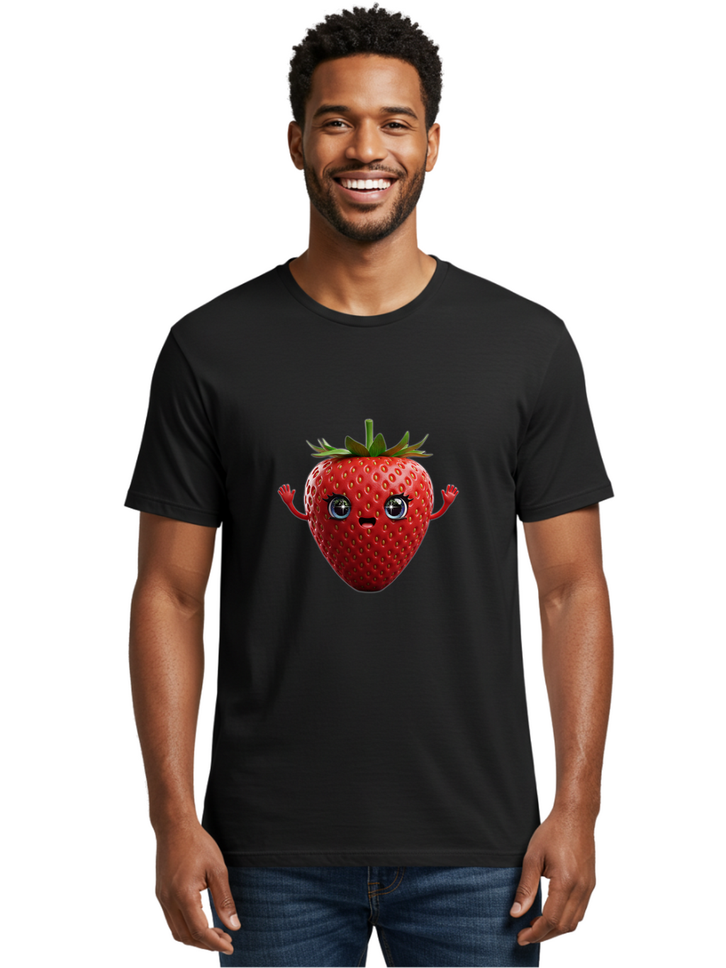 Strawberry-5 Men'S Graphic Tee, 100% Cotton, Comfortable Casual Summer Wear, Machine Washable, Cartoon Strawberry, Fruit Character, Smiling Face, Cute Illustration, Vibrant Red, Playful Vibe, Funny Character, Food Mascot, Bac468