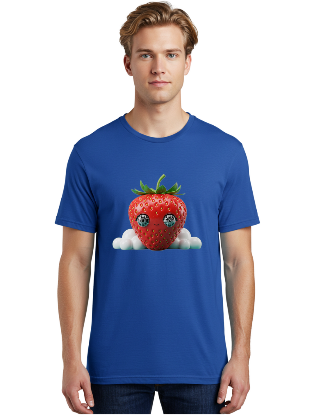 Strawberry-6 Men'S Graphic Tee, 100% Cotton, Comfortable Casual Summer Wear, Machine Washable, Cartoon Strawberry, Spiral Eyes, Cute Character, Sweet Fruit, Playful Design, Quirky Illustration, Fun And Vibrant, Summer Treat, Healthy Snack, Bac469