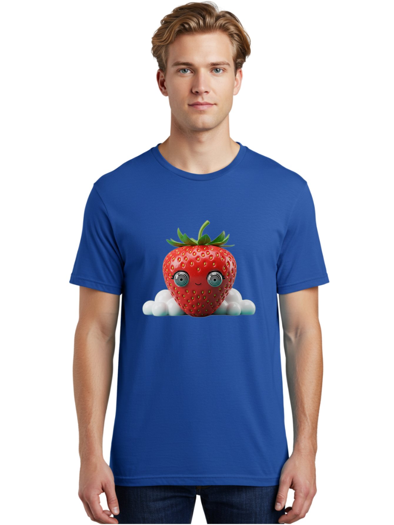 Strawberry-6 Men'S Graphic Tee, 100% Cotton, Comfortable Casual Summer Wear, Machine Washable, Cartoon Strawberry, Spiral Eyes, Cute Character, Sweet Fruit, Playful Design, Quirky Illustration, Fun And Vibrant, Summer Treat, Healthy Snack, Bac469