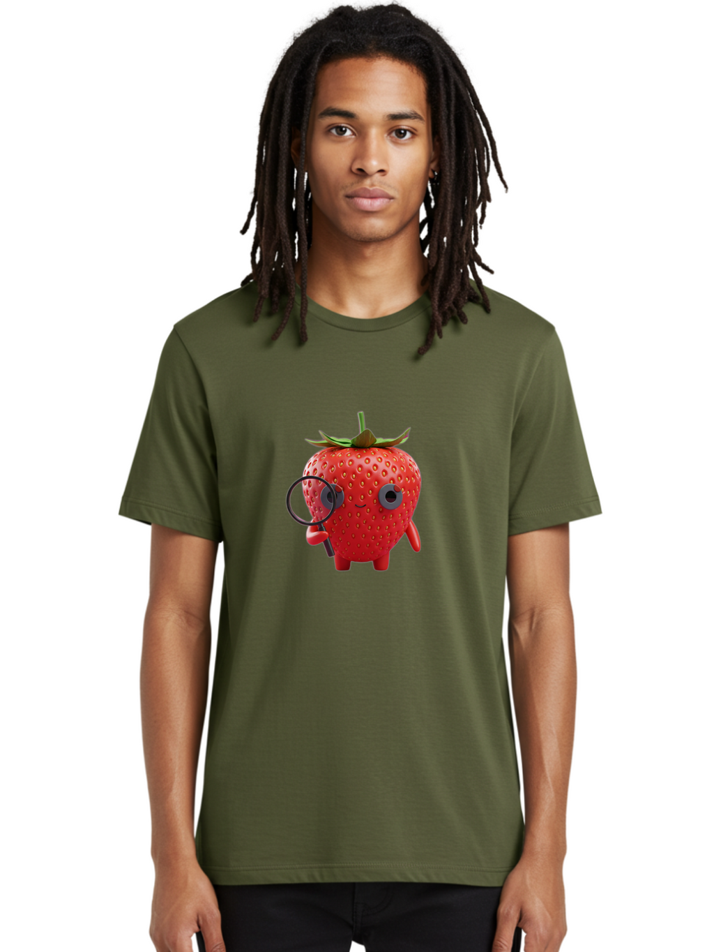 Strawberry-7 Men'S Graphic Tee, 100% Cotton, Comfortable Casual Summer Wear, Machine Washable, Cartoon Strawberry, Strawberry Character, Magnifying Glass, Investigation, Cute Illustration, Funny Fruit, Quirky Design, Red Strawberry, Bac470