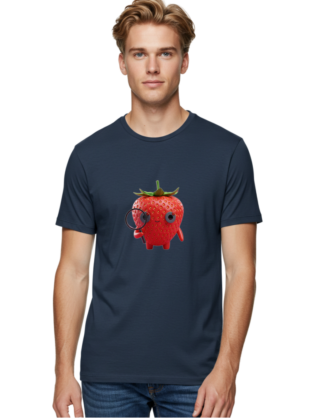 Strawberry-7 Men'S Graphic Tee, 100% Cotton, Comfortable Casual Summer Wear, Machine Washable, Cartoon Strawberry, Strawberry Character, Magnifying Glass, Investigation, Cute Illustration, Funny Fruit, Quirky Design, Red Strawberry, Bac470