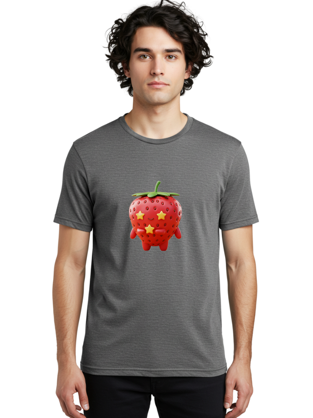 Strawberry-Character-1 Men'S Graphic Tee, 100% Cotton, Comfortable Casual Summer Wear, Machine Washable, Cartoon Strawberry, Cute Character, Smiling Face, Three Yellow Stars, Red Fruit, Green Leaf, Adorable Mascot, Fun Design, Bac472