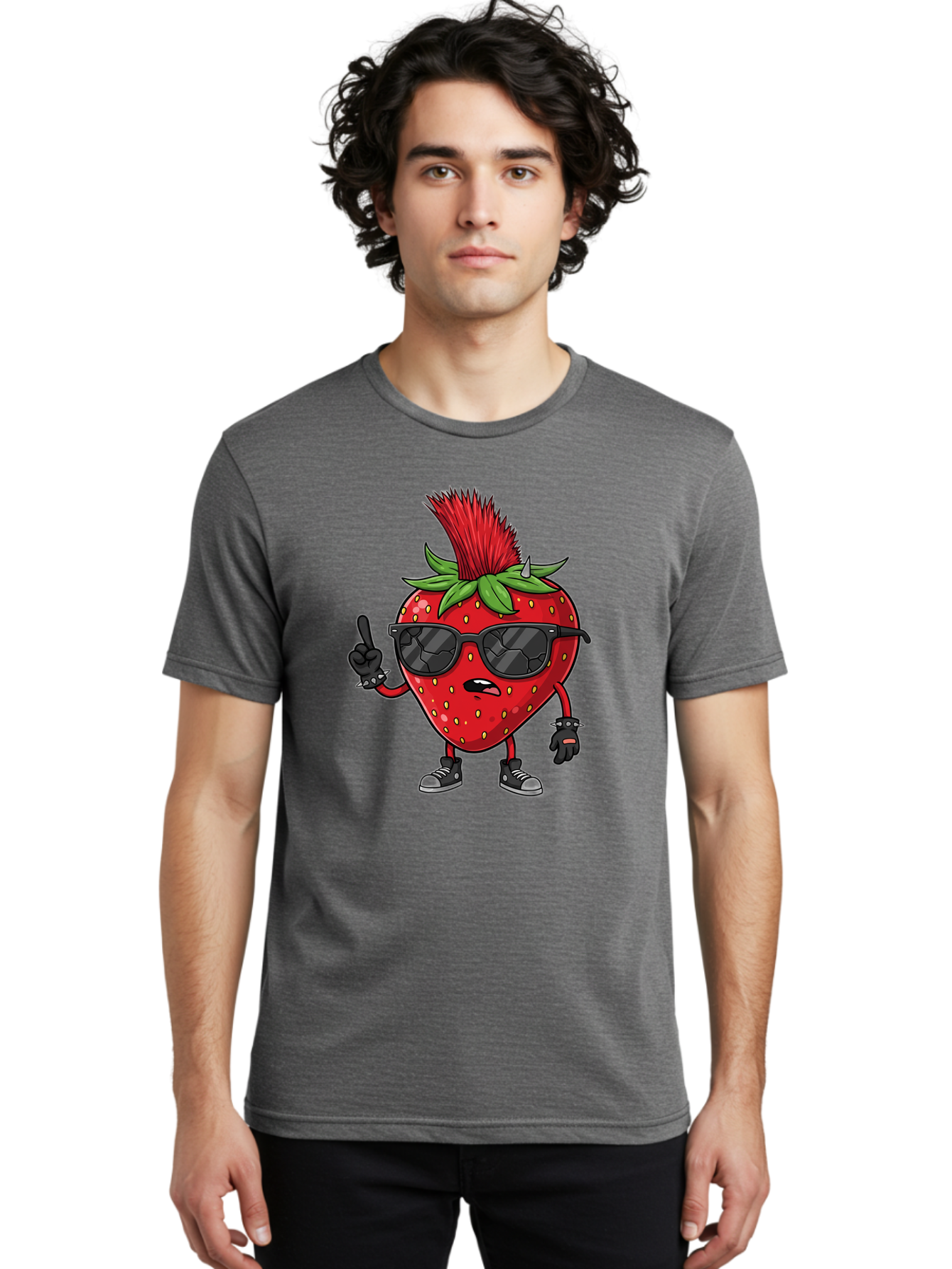 Strawberry-Character Men'S Graphic Tee, 100% Cotton, Comfortable Casual Summer Wear, Machine Washable, Cartoon Strawberry, Cool Strawberry Character, Sunglasses, Punk Rock Style, Fruit Character Design, Strawberry Mascot, Funny Strawberry, Bac473