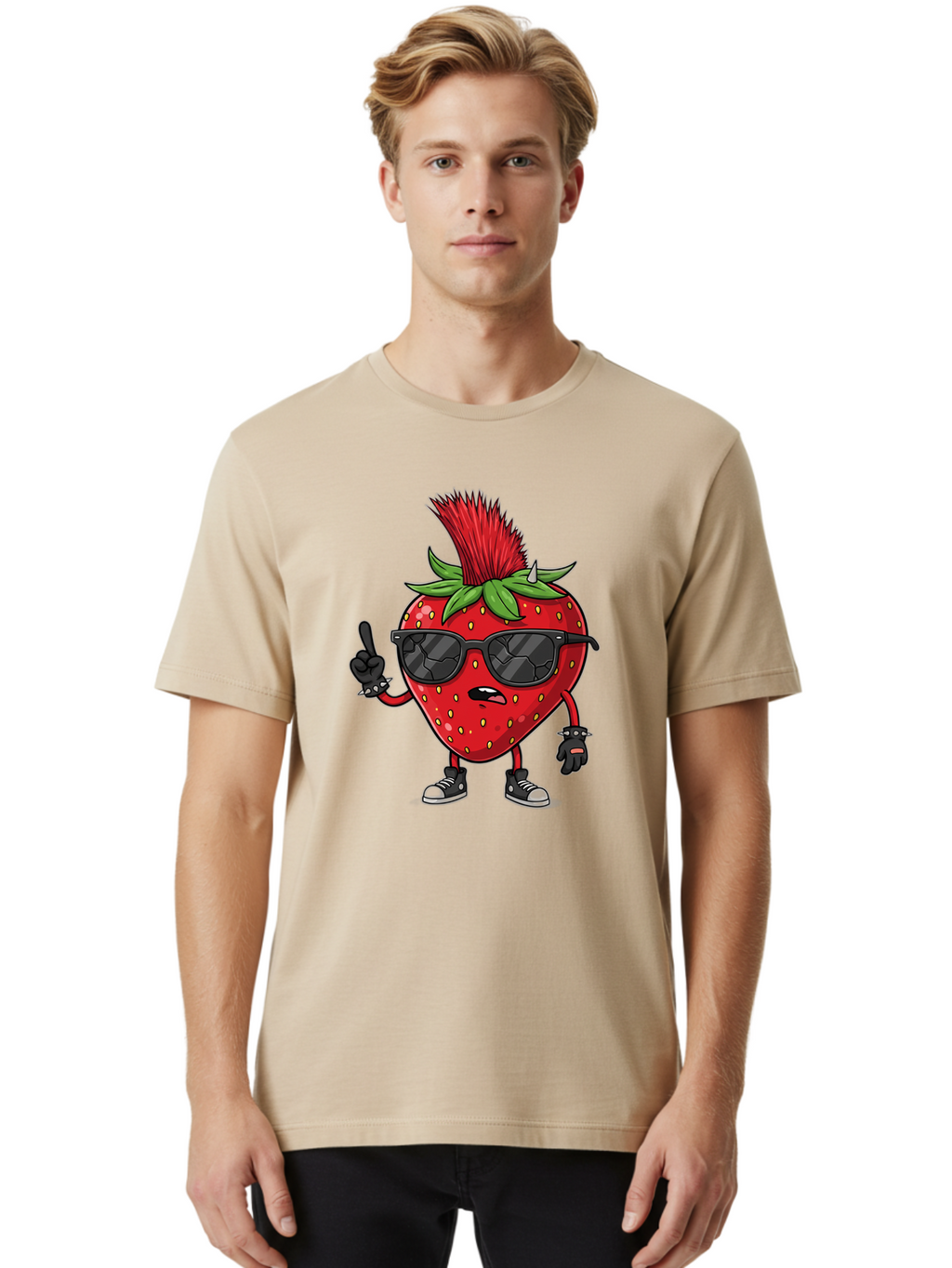 Strawberry-Character Men'S Graphic Tee, 100% Cotton, Comfortable Casual Summer Wear, Machine Washable, Cartoon Strawberry, Cool Strawberry Character, Sunglasses, Punk Rock Style, Fruit Character Design, Strawberry Mascot, Funny Strawberry, Bac473