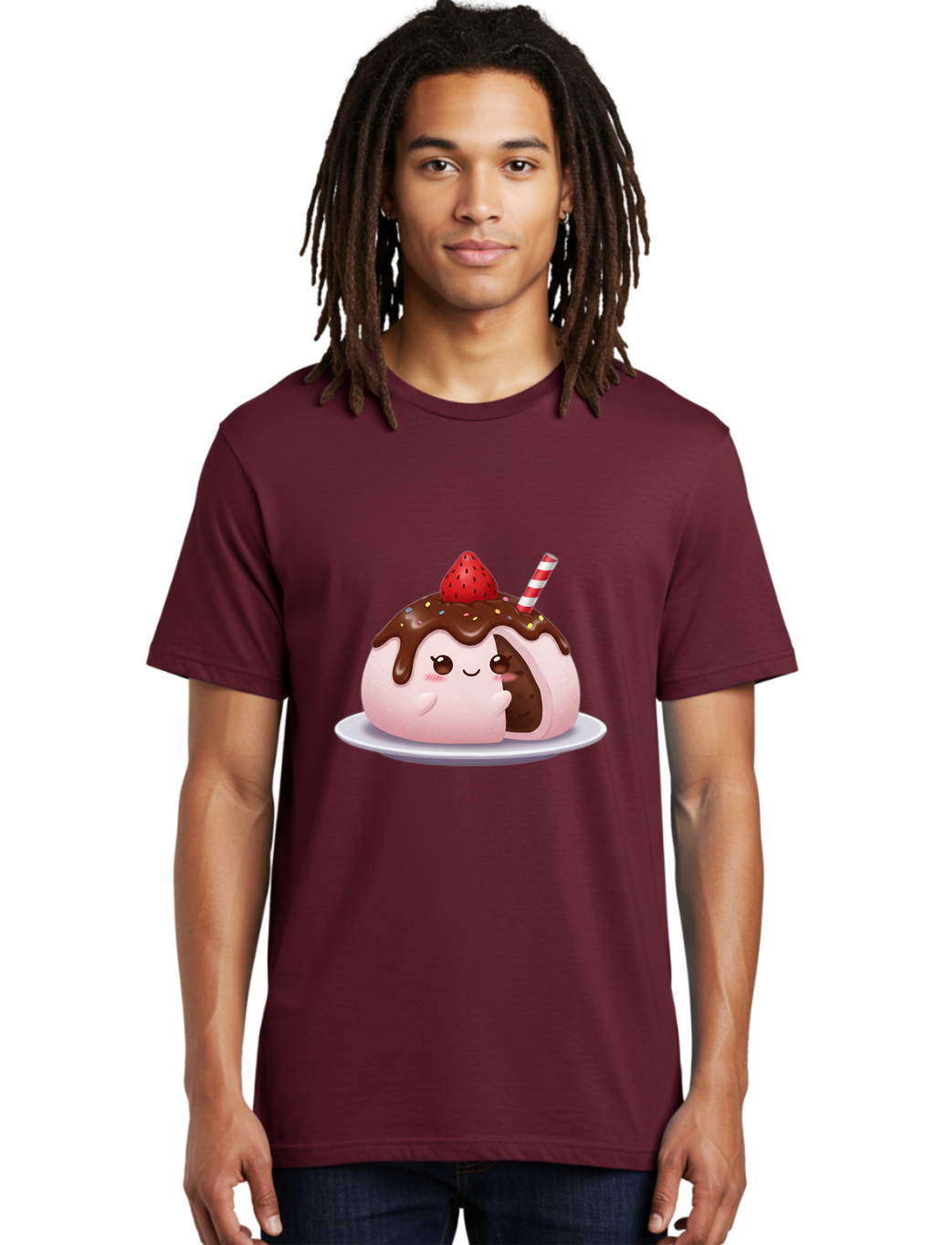 Strawberry-Donut Men'S Graphic Tee, 100% Cotton, Comfortable Casual Summer Wear, Machine Washable, Chocolate Donut, Strawberry Topping, Donut Character, Dessert, Sweet Treat, Chocolate Sauce, Sprinkles, Donut With Straw, Cute Dessert, Bac474